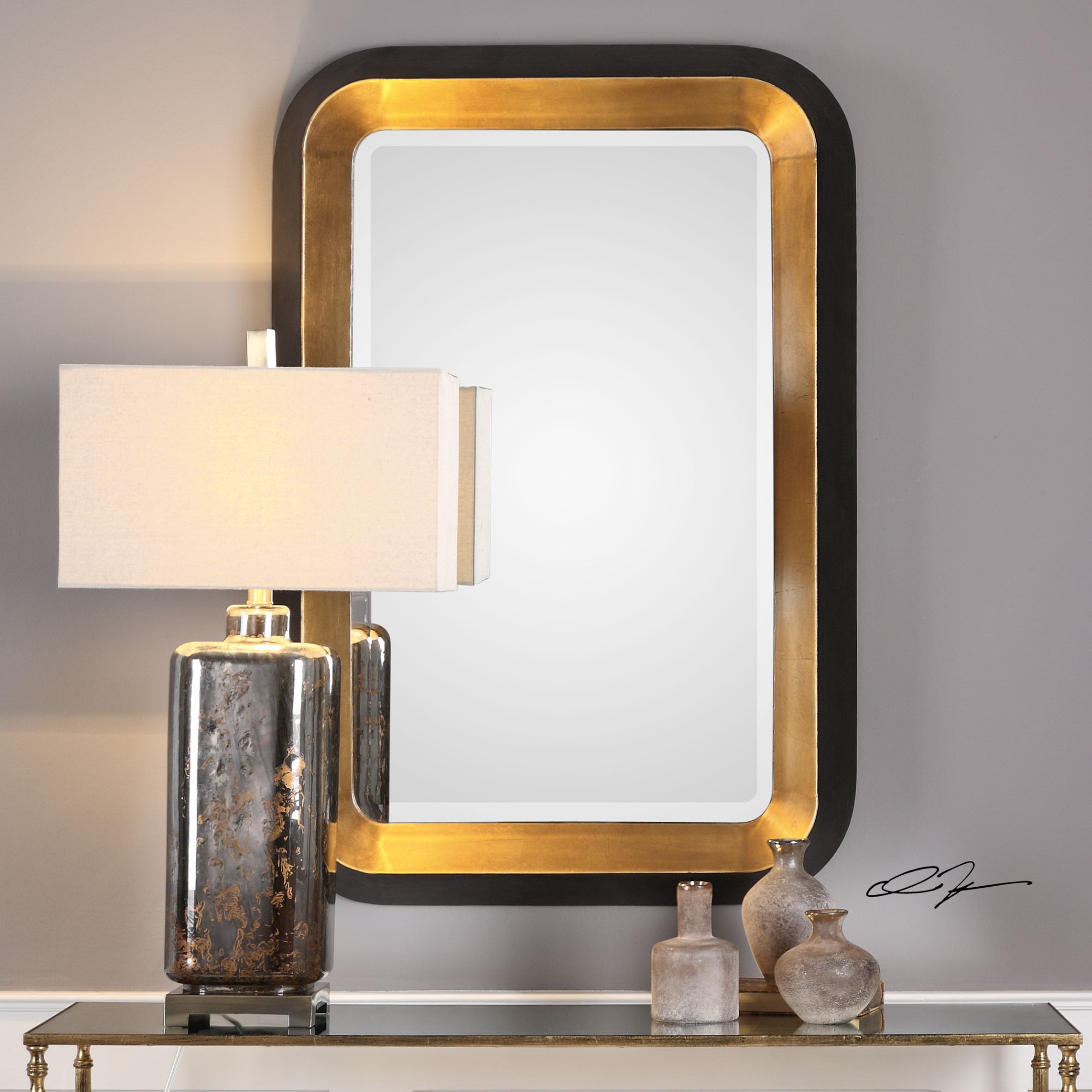 Niva Antiqued Gold Leaf and Black 28" x 42 1/4" Wall Mirror