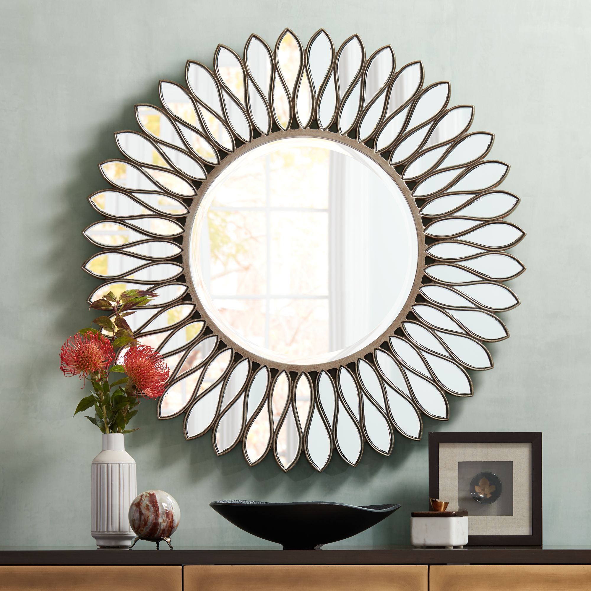 Helios Warm Silver 36" Round Sunburst Wall Mirror
