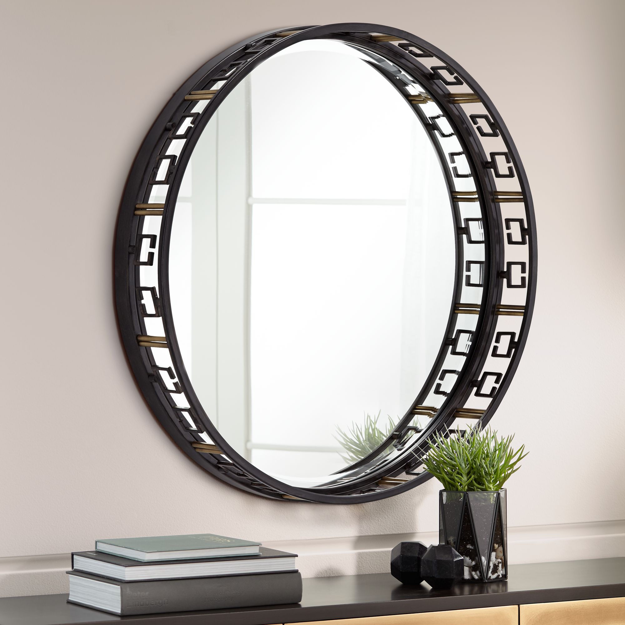 Donovan Black and Bronze Key 31 1/4" Round Wall Mirror