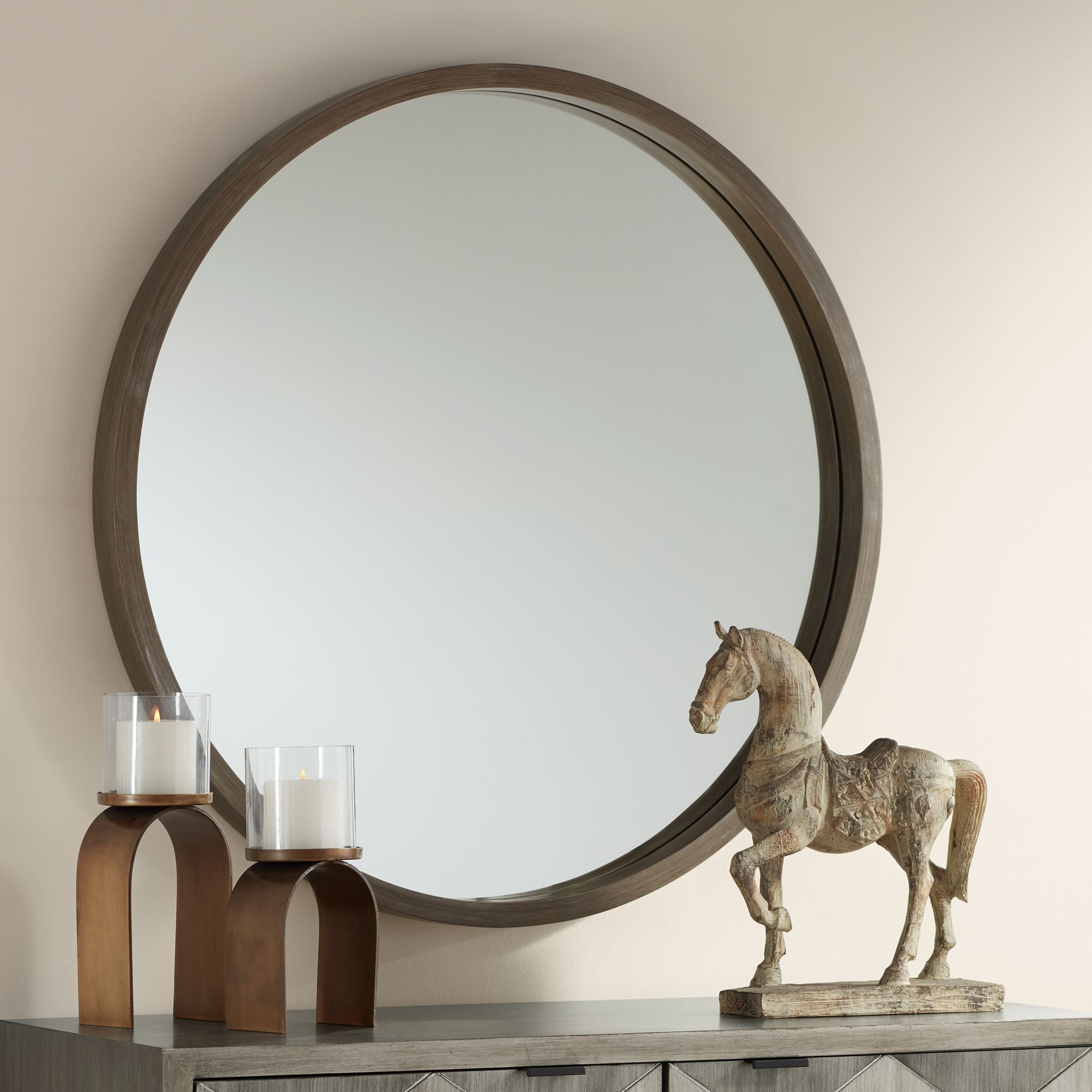 Ferguson Brush Gray Wood 34" Round Wall Mirror