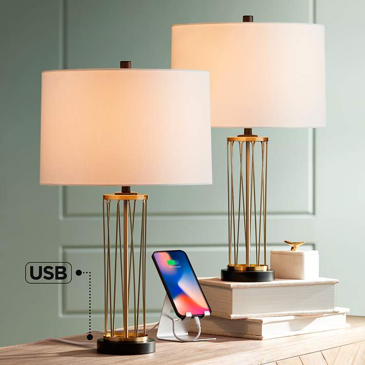 Nathan Gold Cage Usb Table Lamps Set Of, Gold Floor And Table Lamp Sets