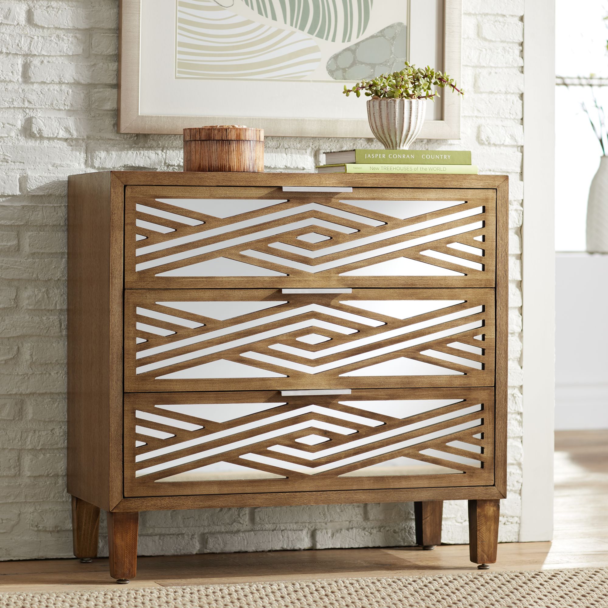 Mason 33 3/4 Wide Oak Wood and Mirrored 3-Drawer Cabinet