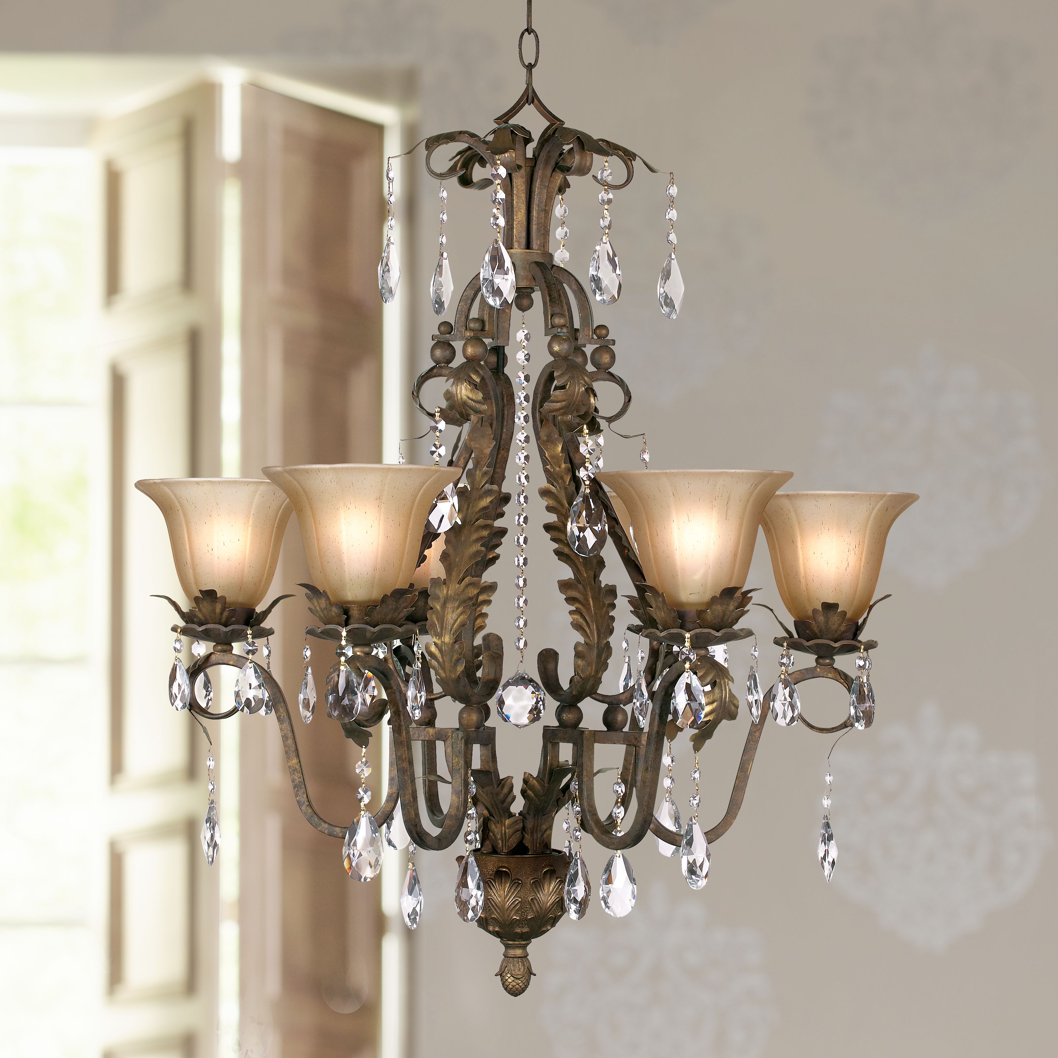 Iron Leaf 29" Wide Roman Bronze and Crystal Chandelier