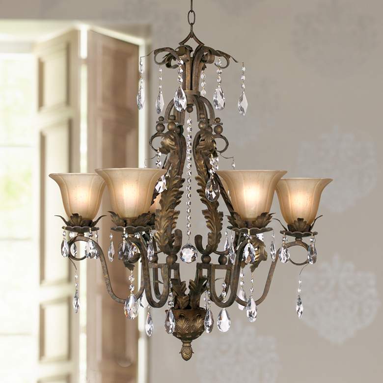Iron Leaf 29&quot; Wide Roman Bronze and Crystal Chandelier