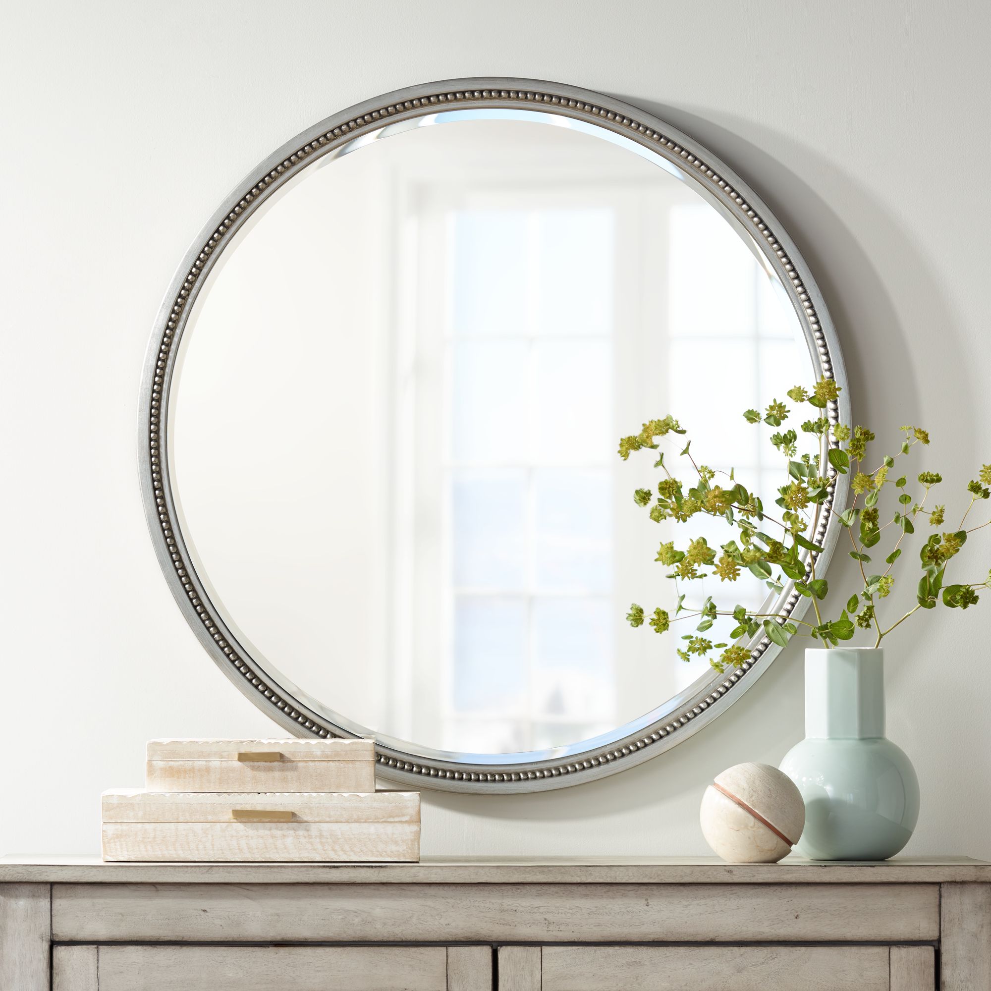 Lorraine Silver 32 3/4" Round Beaded Trim Wall Mirror
