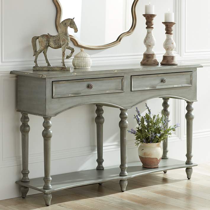 Chelsea 62 Wide Antiqued Gray Wood 2, Gray Sofa Table With Storage