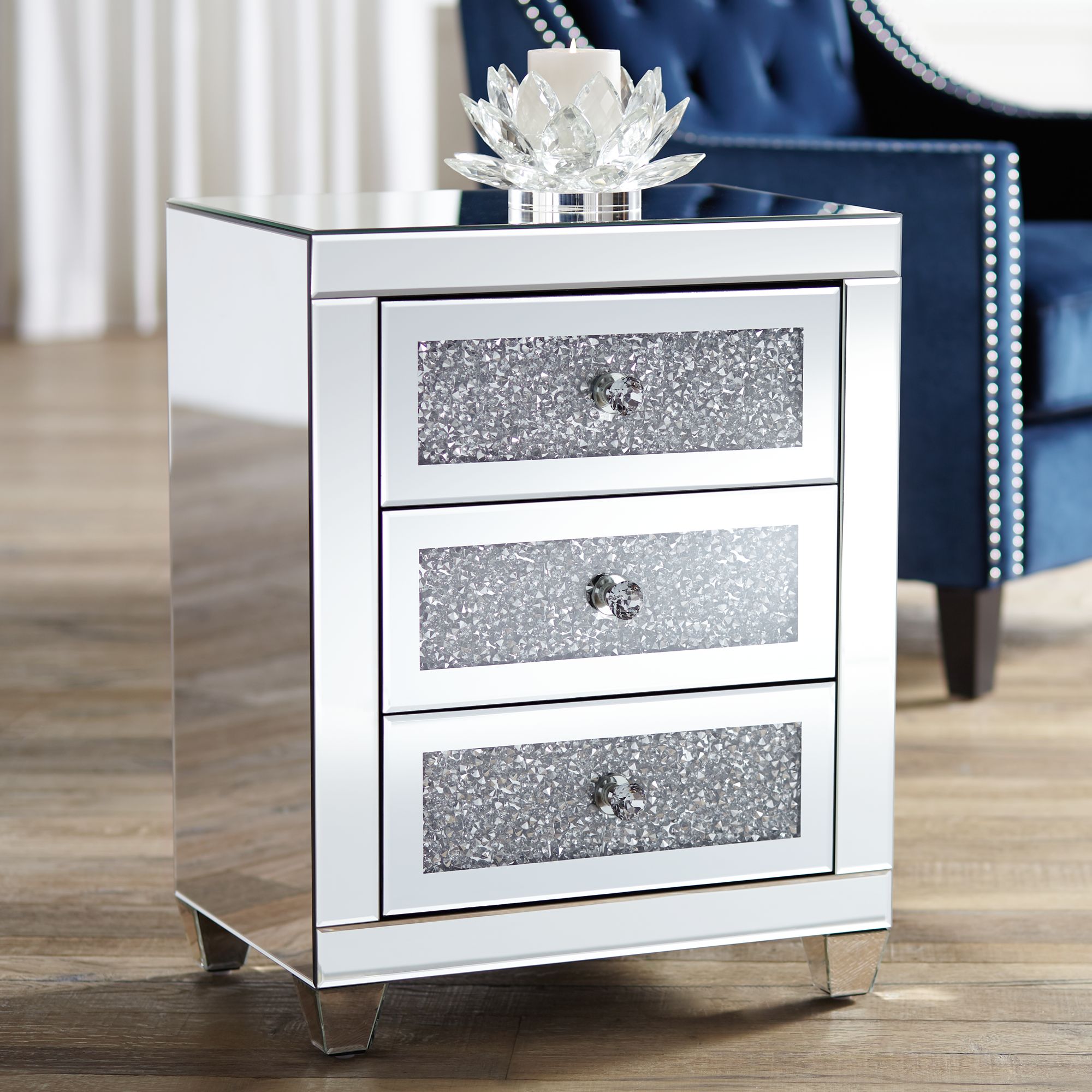 Gia 20" Wide Mirrored Silver 3-Drawer Side Table