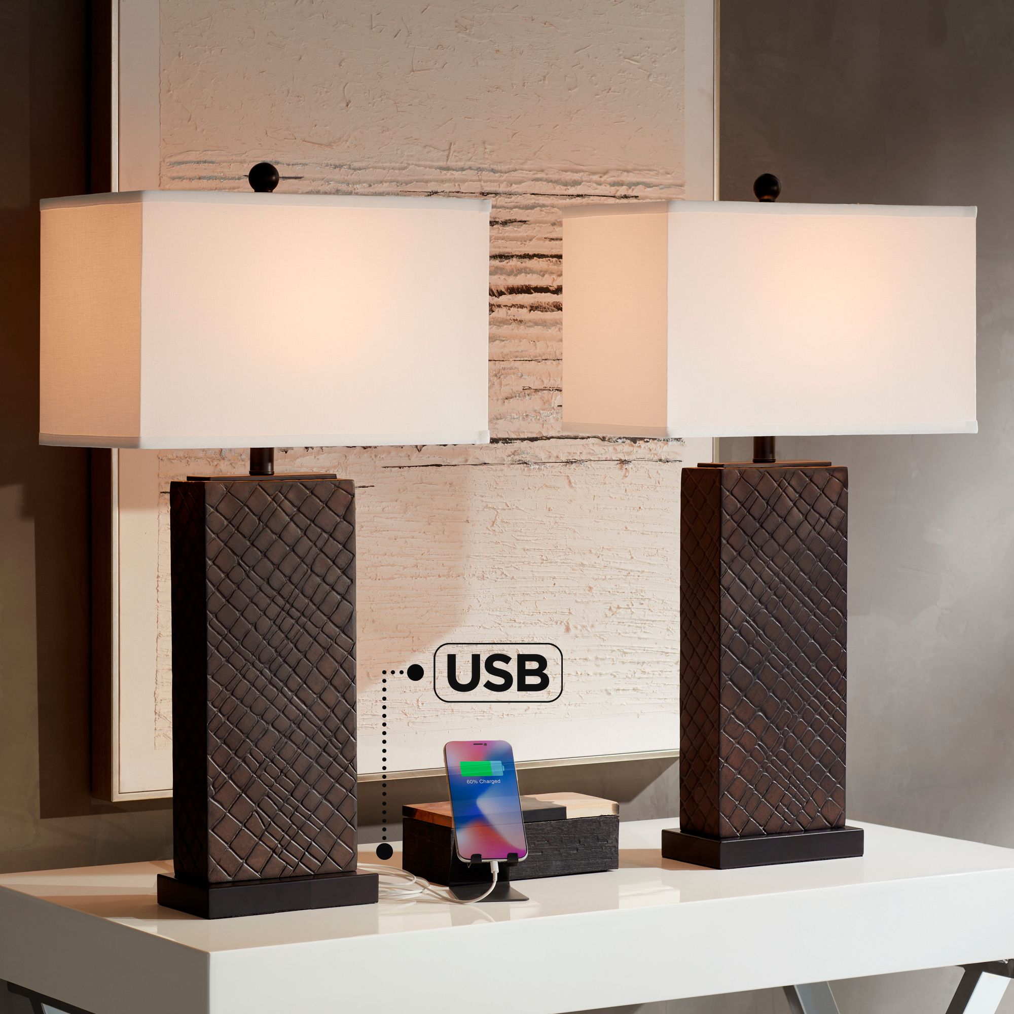 Lewis Faux Crocodile Table Lamps Set of 2 with USB Ports