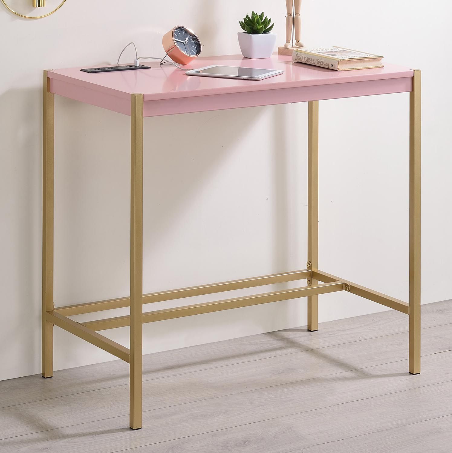 Nevinna 30" Wide Gold and Pink Writing Desk with USB Port