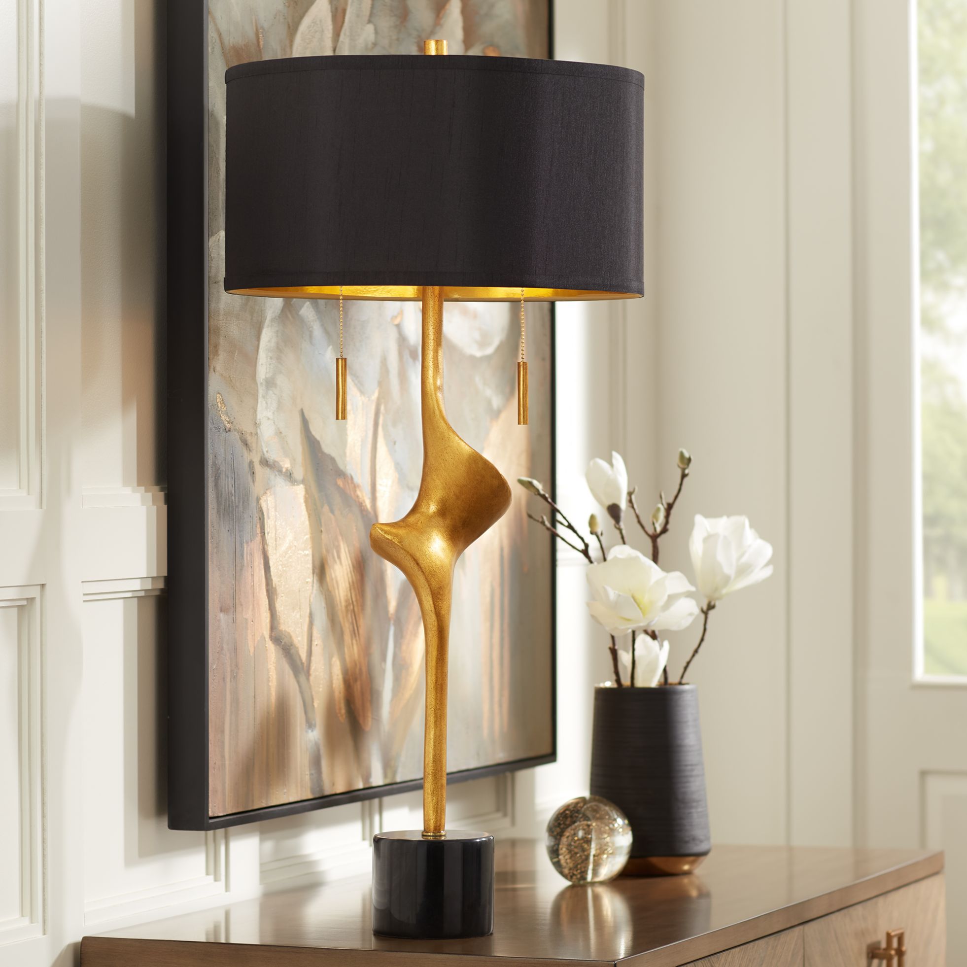 Possini Euro Athena Gold Leaf Modern Table Lamp with Black Shade