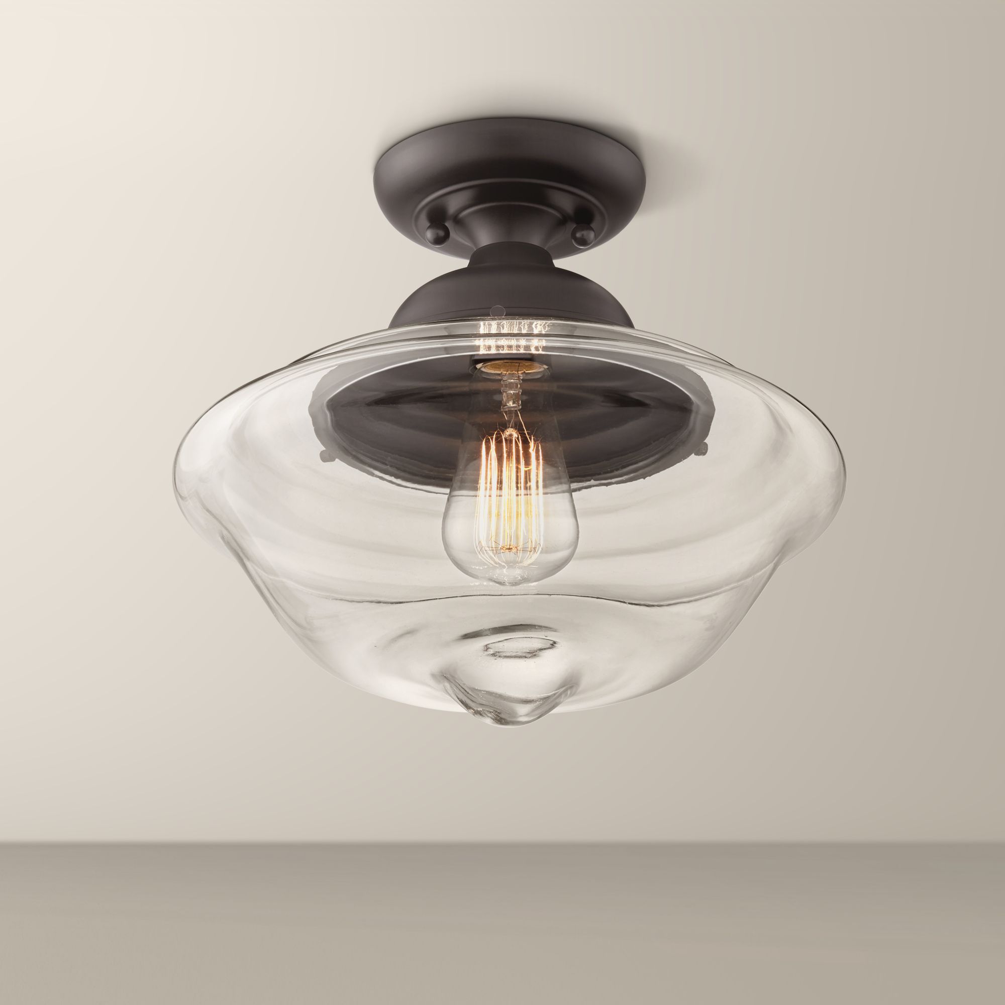 Schoolhouse 13" Wide Black Clear Glass Ceiling Light