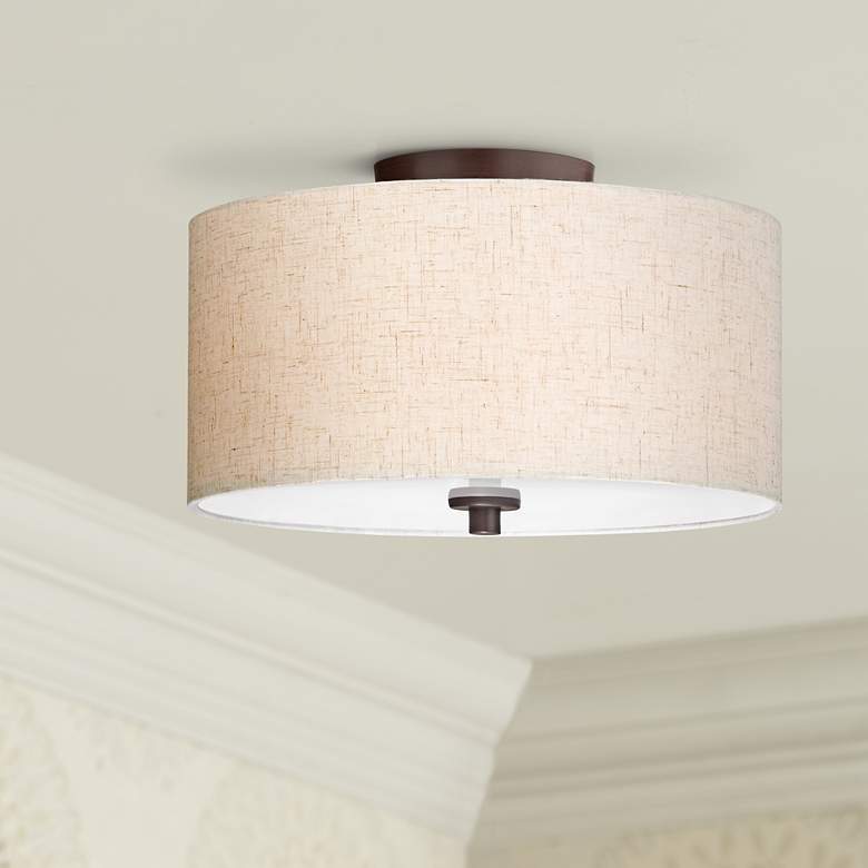 Sylvan 14&quot; Wide Oatmeal Fabric Drum Ceiling Light