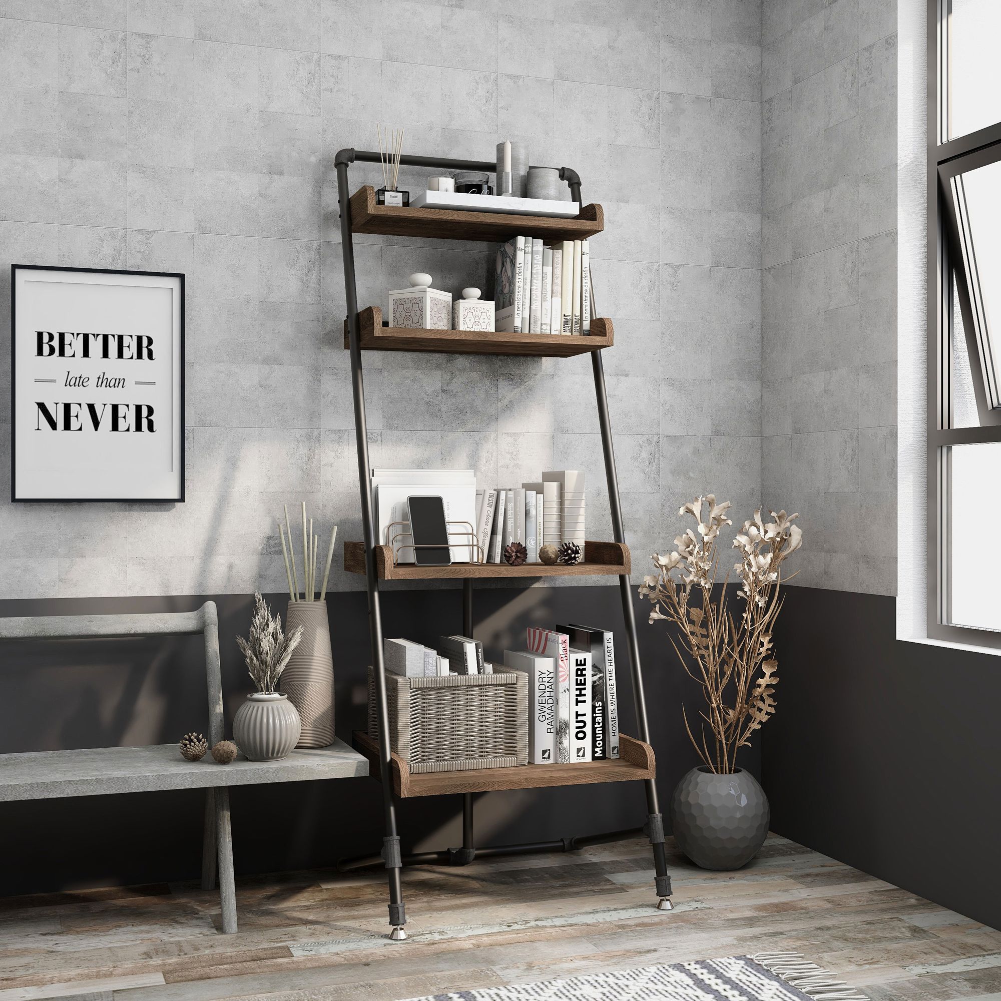 Rexin 26" Wide Reclaimed Oak and Black 4-Shelf Display Shelf