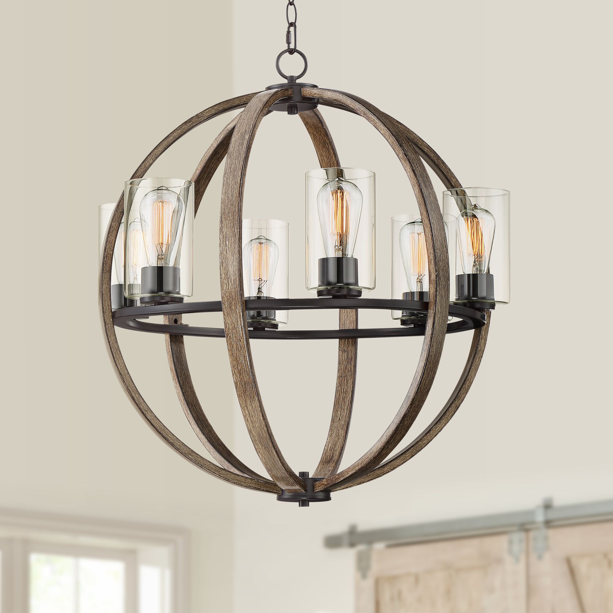 Brynn 24"W Antique Bronze and Wood Grain 6-Light Chandelier