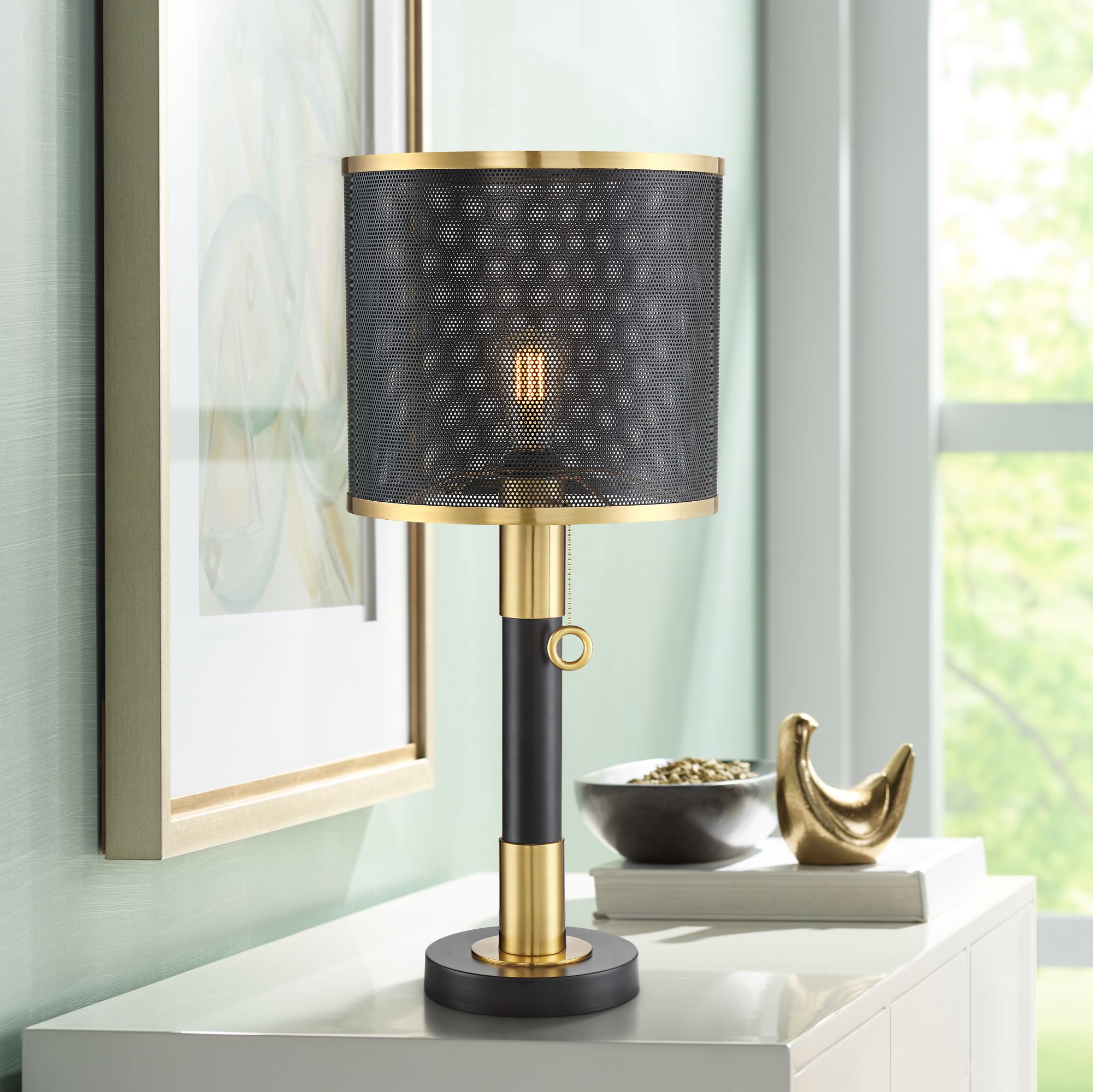 Possini Euro Helios Brass and Black LED Column Table Lamp