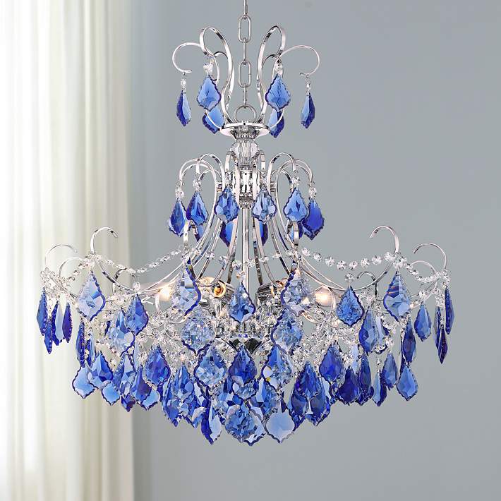 AUTHENTIC ALL CRYSTAL CHANDELIER LIGHTING W/ SAPPHIRE BLUE CRYSTAL H17” W17” 