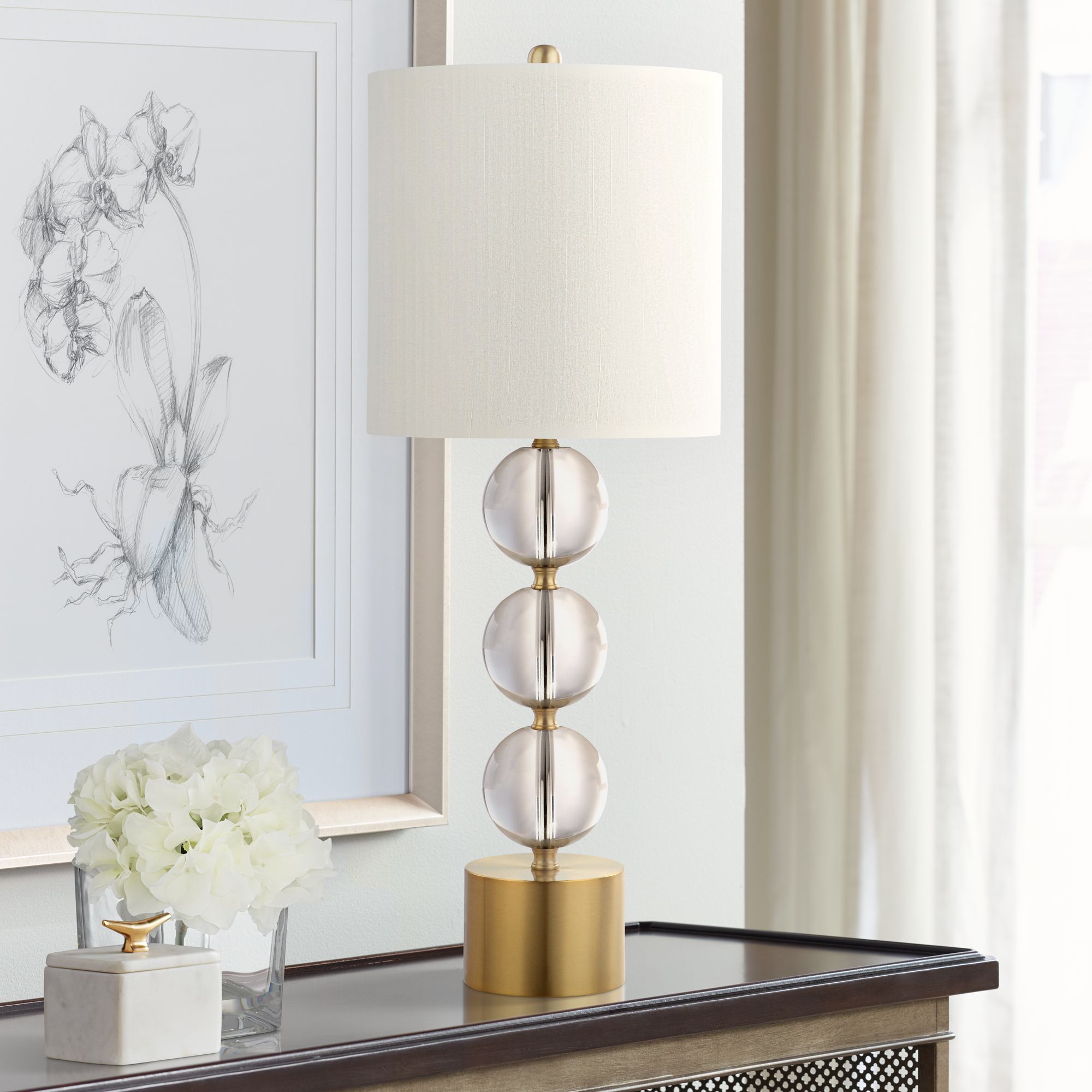 Slate Polished Brass and Crystal Table Lamp