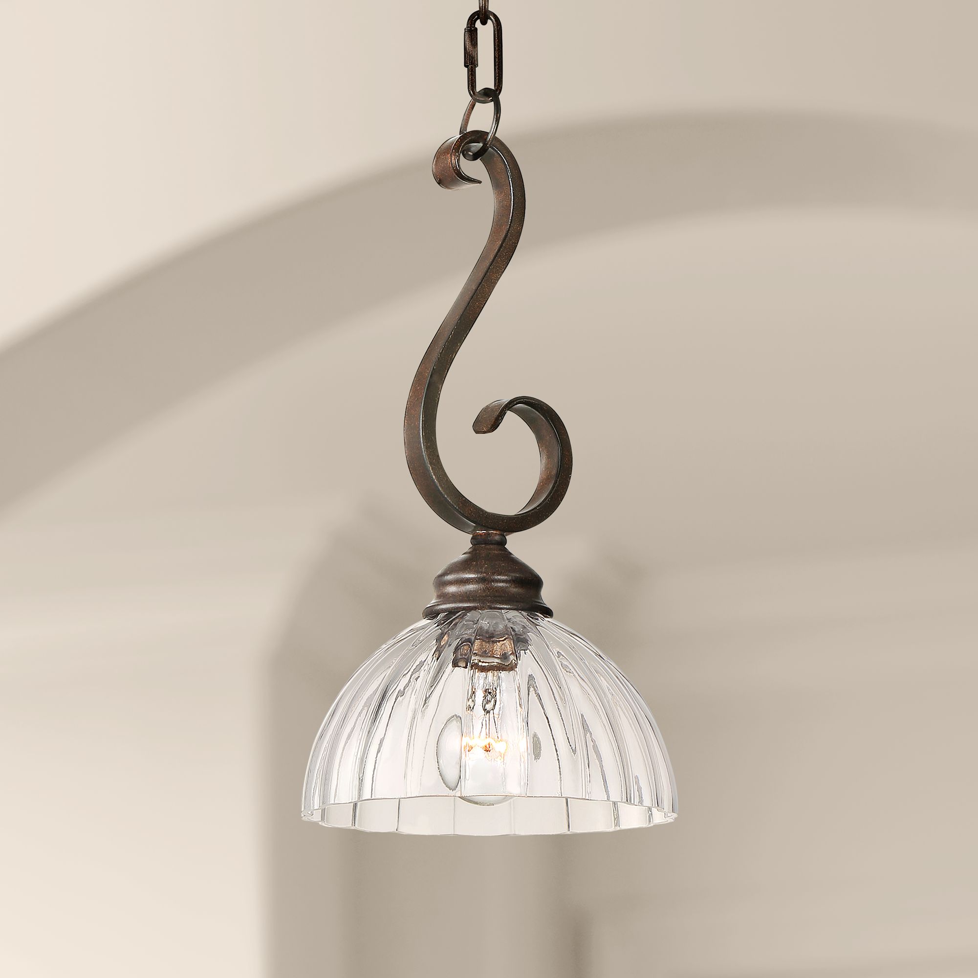 Ferro 8"W Bronze Iron Scroll and Clear Glass Mini Pendant