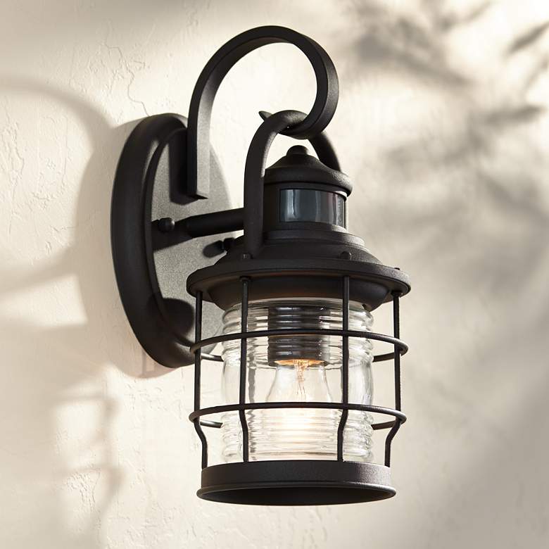 Maryland 12&quot;H Black Caged Motion Sensor Outdoor Wall Light