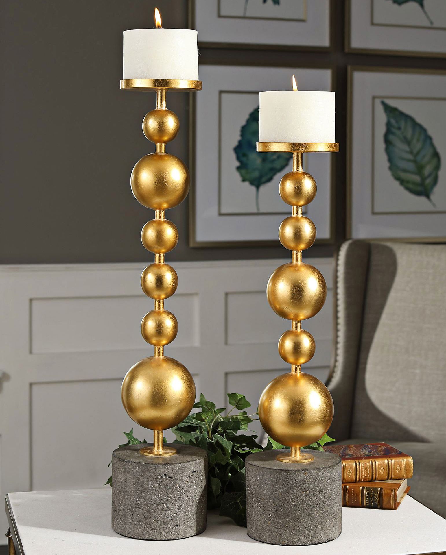 Selim Metallic Gold Leaf Modern Candle Holders Set Of 2 42y45