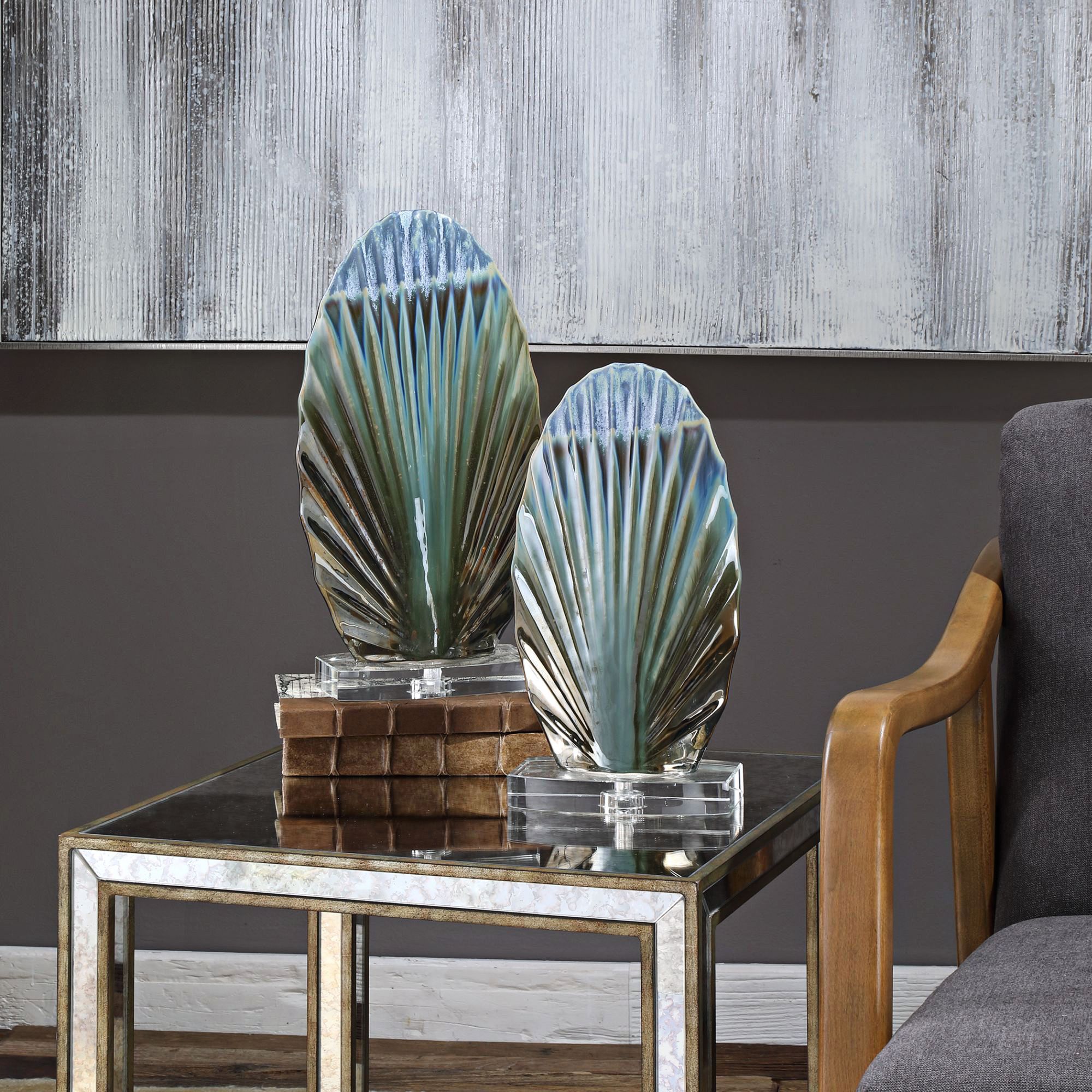 Chanda 16" and 13" High Modern Ceramic Shell Sculptures