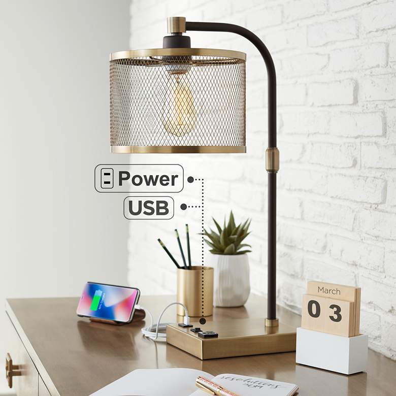Brody Black and Brass Desk Lamp with USB and Outlet