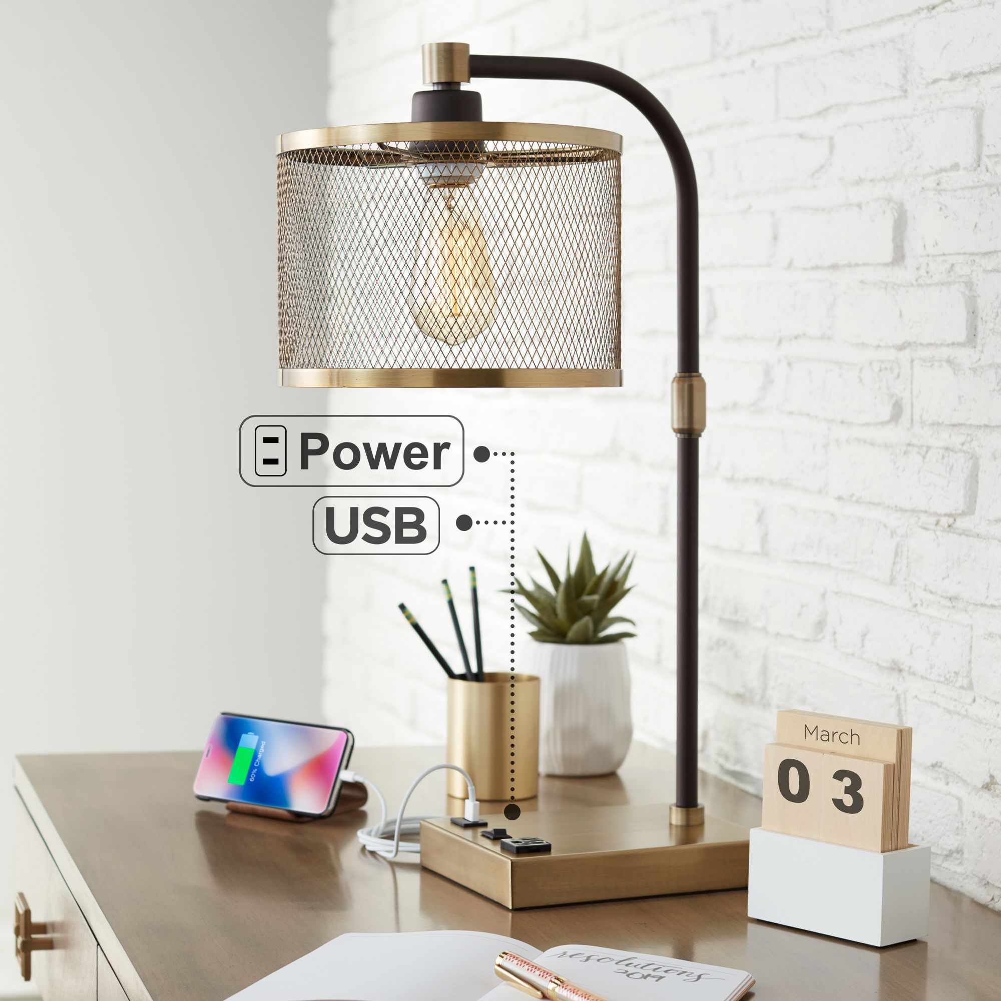 gold industrial table lamp