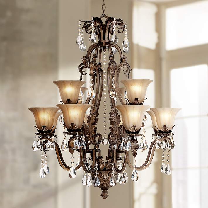 Iron Leaf 34 Wide Bronze And Crystal, Large Smoke Crystal Chandelier