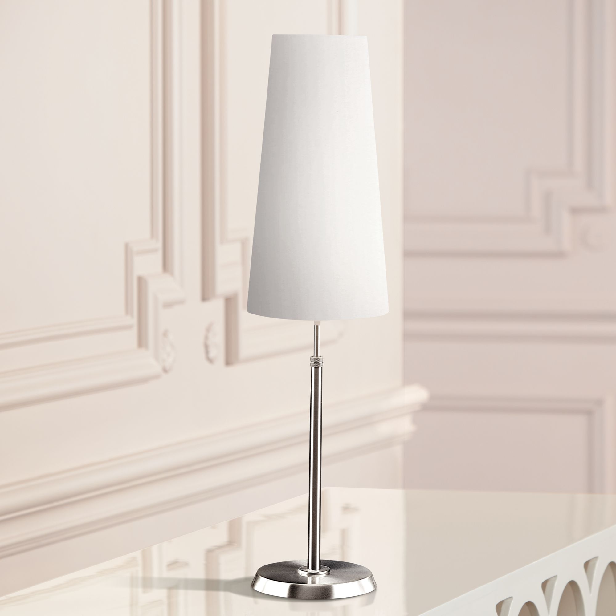 Holtkoetter Satin Nickel Lamp with Slim White Shade