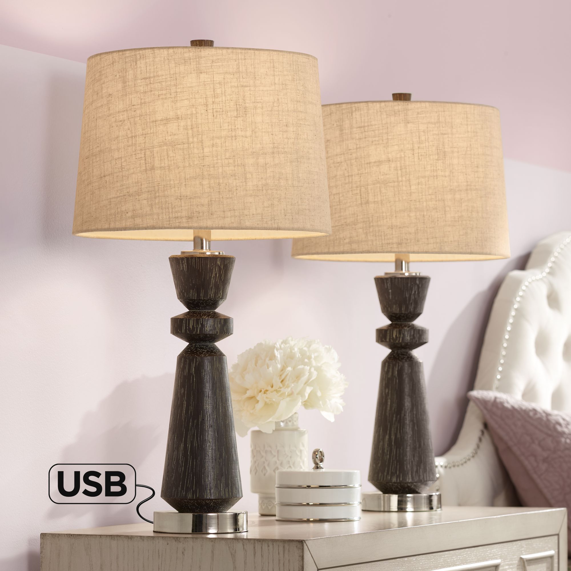 Albert Wood Finish Modern USB Table Lamps Set of 2