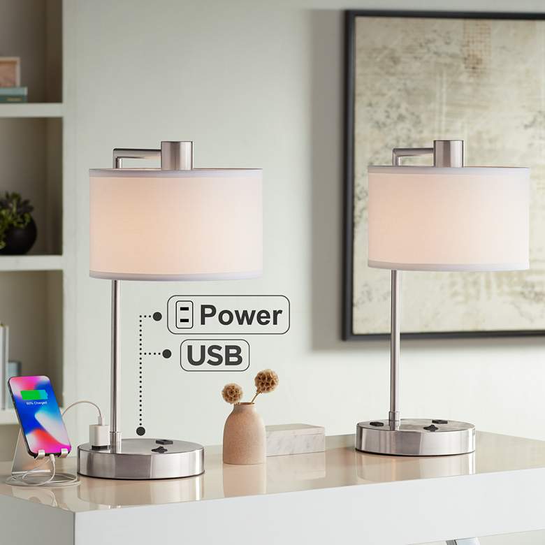 Colby Brushed Nickel USB and Outlet Desk Lamps - Set of 2