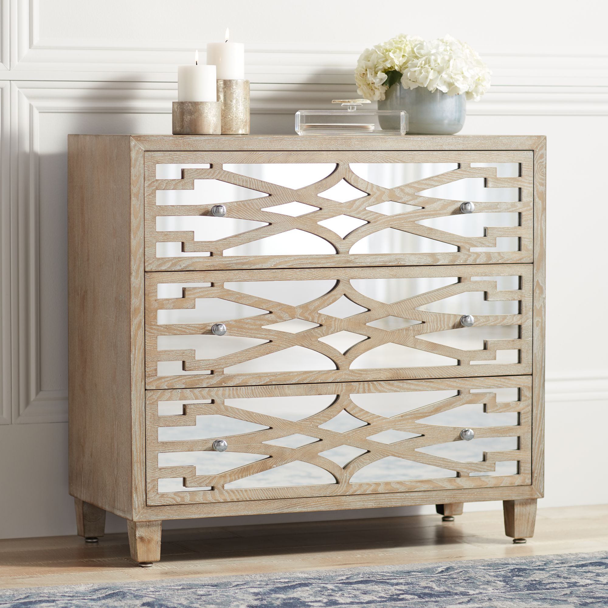Rowan 34" Wide Mirrored and Whitewash 3-Drawer Accent Chest
