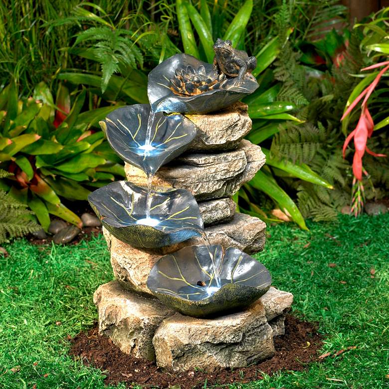 Frog and Four Lily Pad LED Lighted 21&quot; High Outdoor Fountain