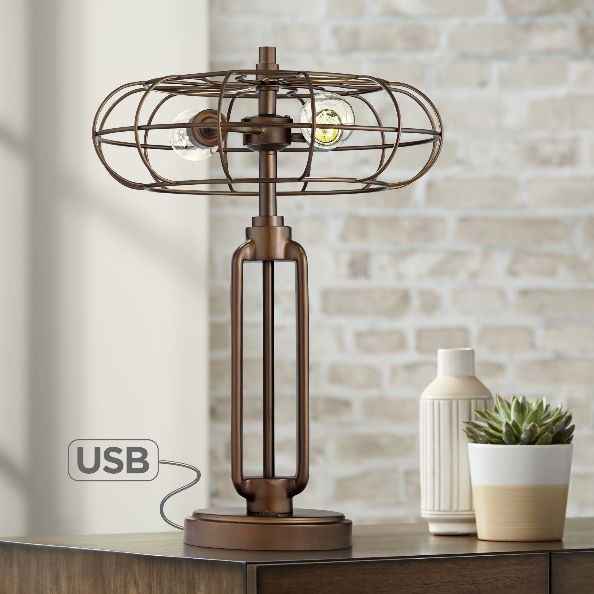 Gustav Industrial Cage Table Lamp with USB Port 45P74 Lamps Plus
