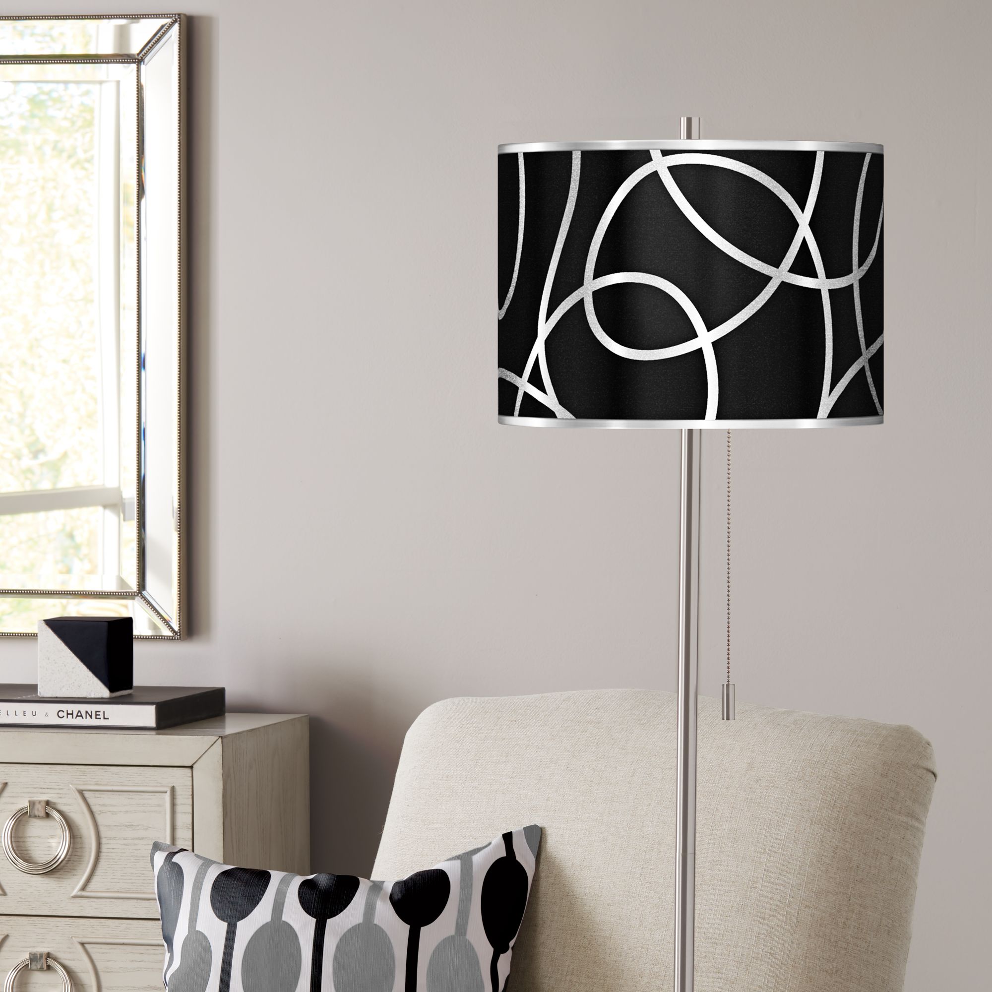 Abstract Silver Metallic Brushed Nickel Pull Chain Floor Lamp