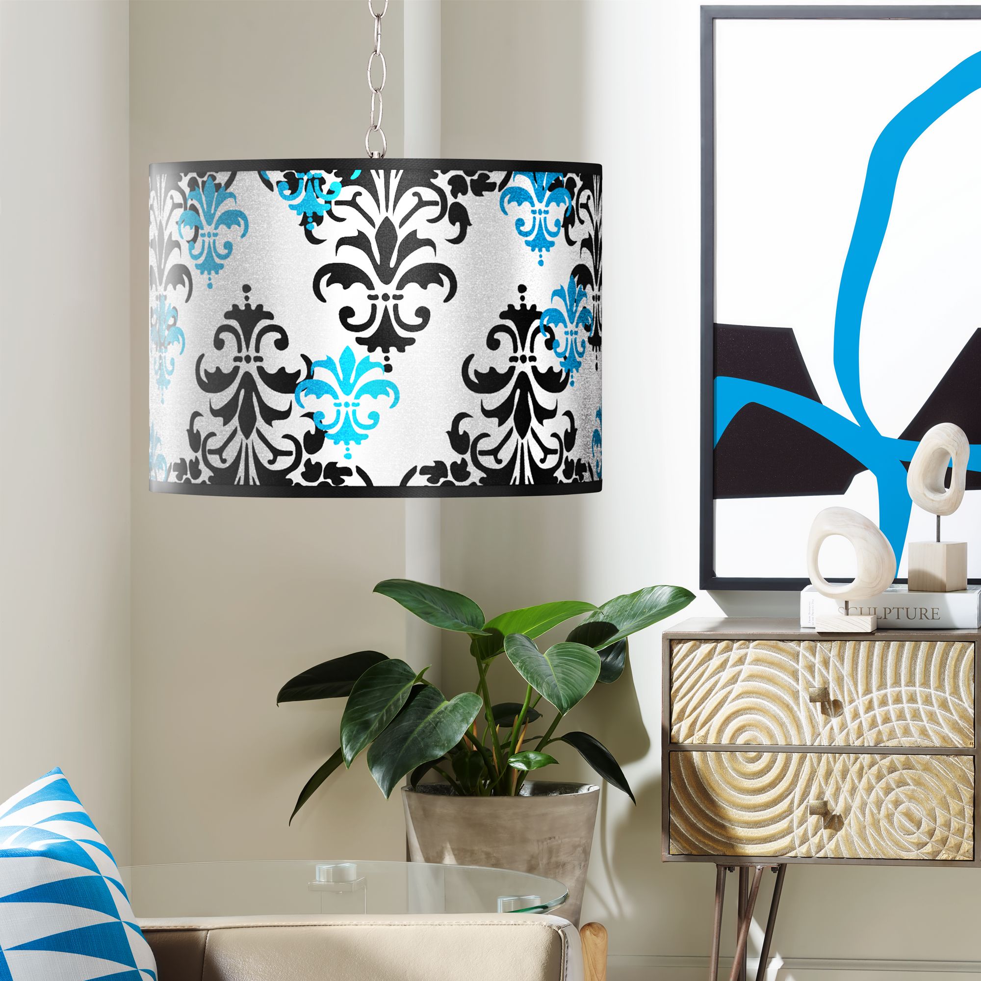 Swag Style Damask Shadow Silver Metallic Shade Chandelier