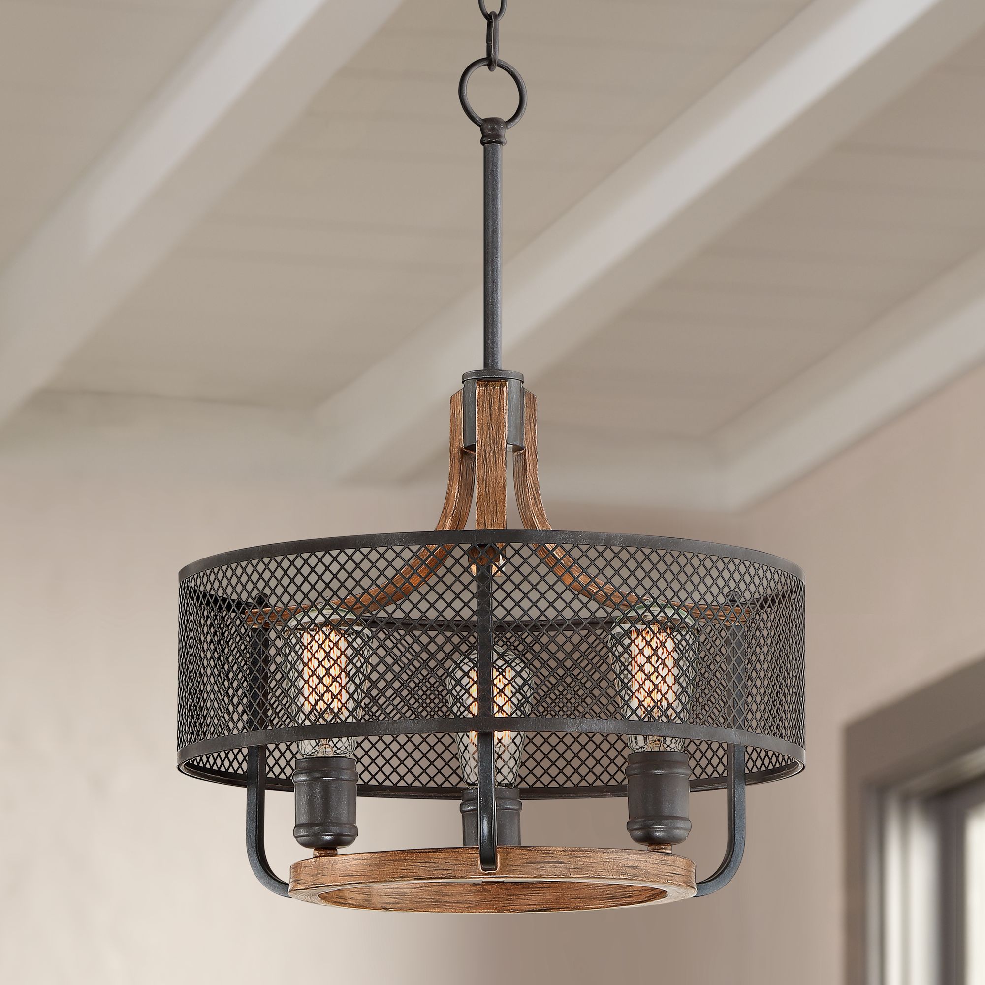 Halvor 15 3/4" Wide Black Mesh and Wood 3-Light Pendant