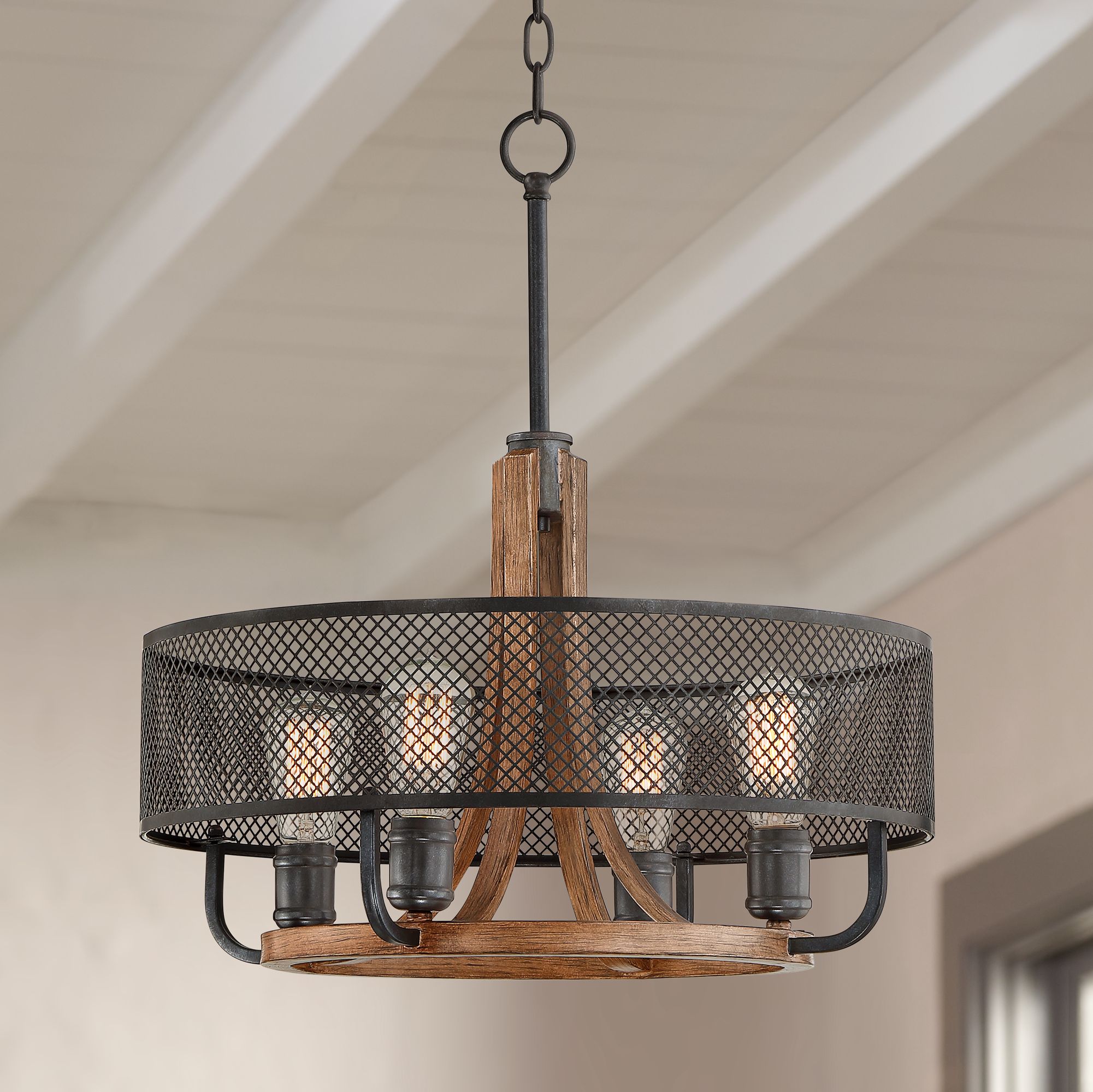 Halvor 20" Wide Black Mesh and Wood 4-Light Pendant