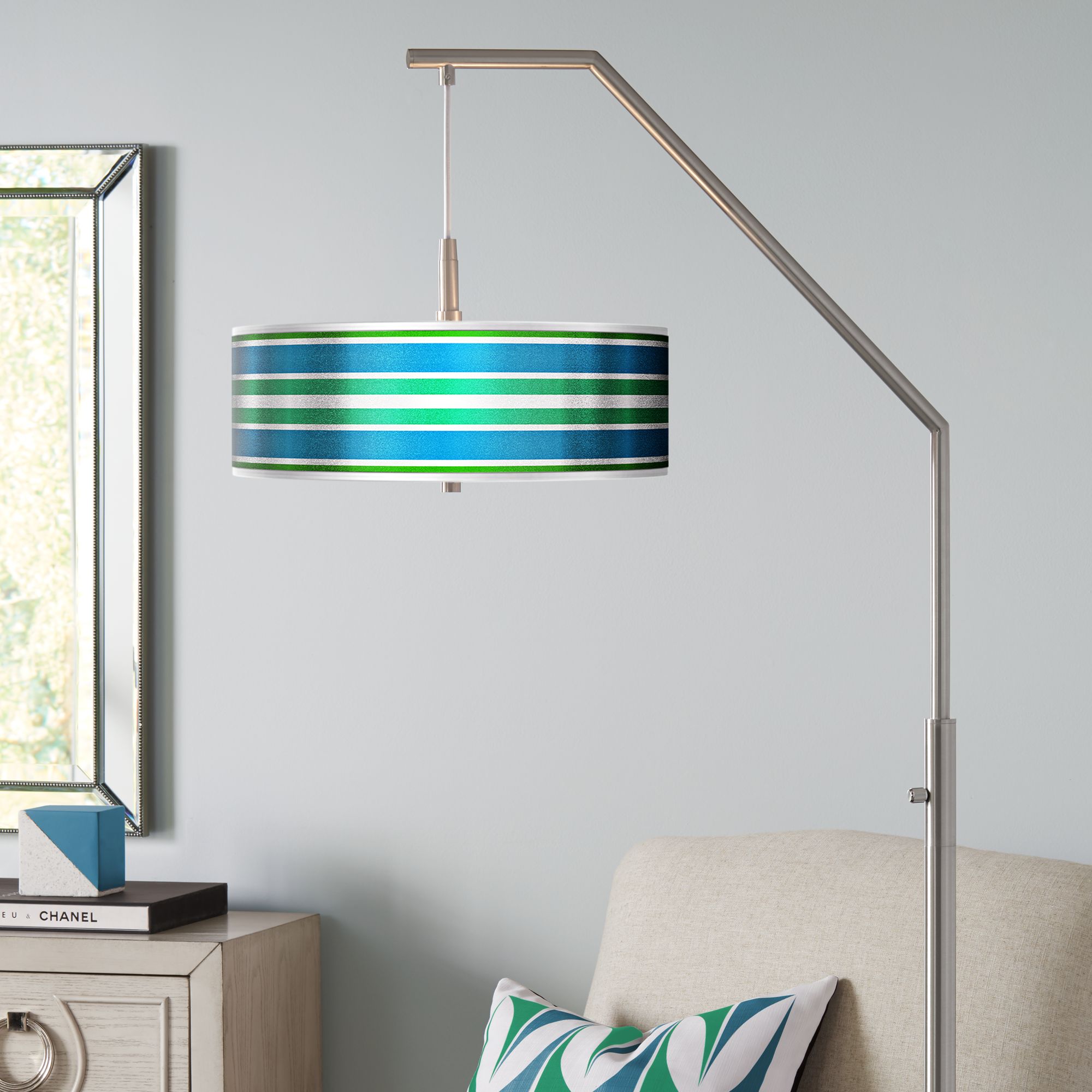 Multi Color Stripes Silver Metallic Giclee Shade Arc Floor Lamp