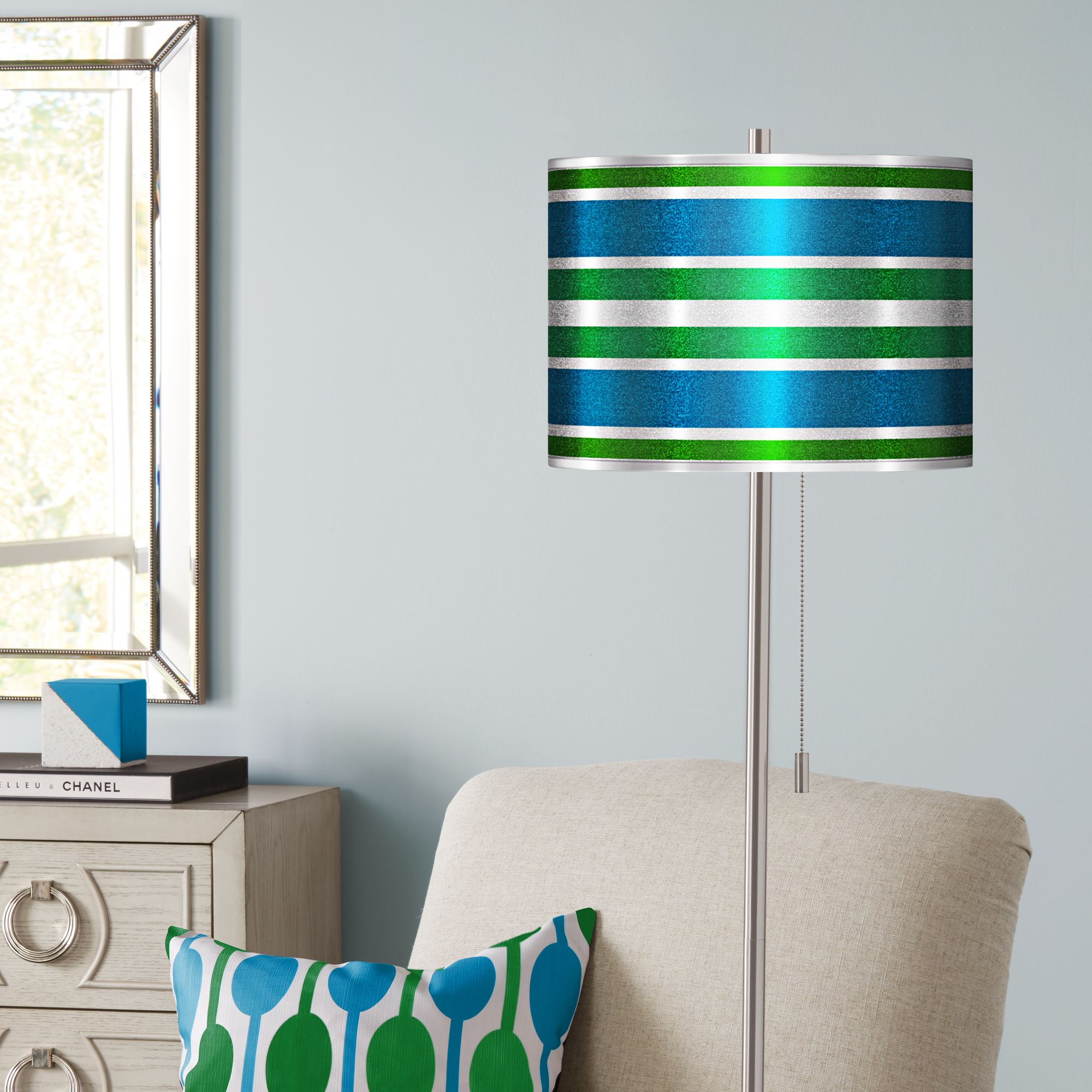 Multi Color Stripes Silver Metallic Brushed Nickel Floor Lamp