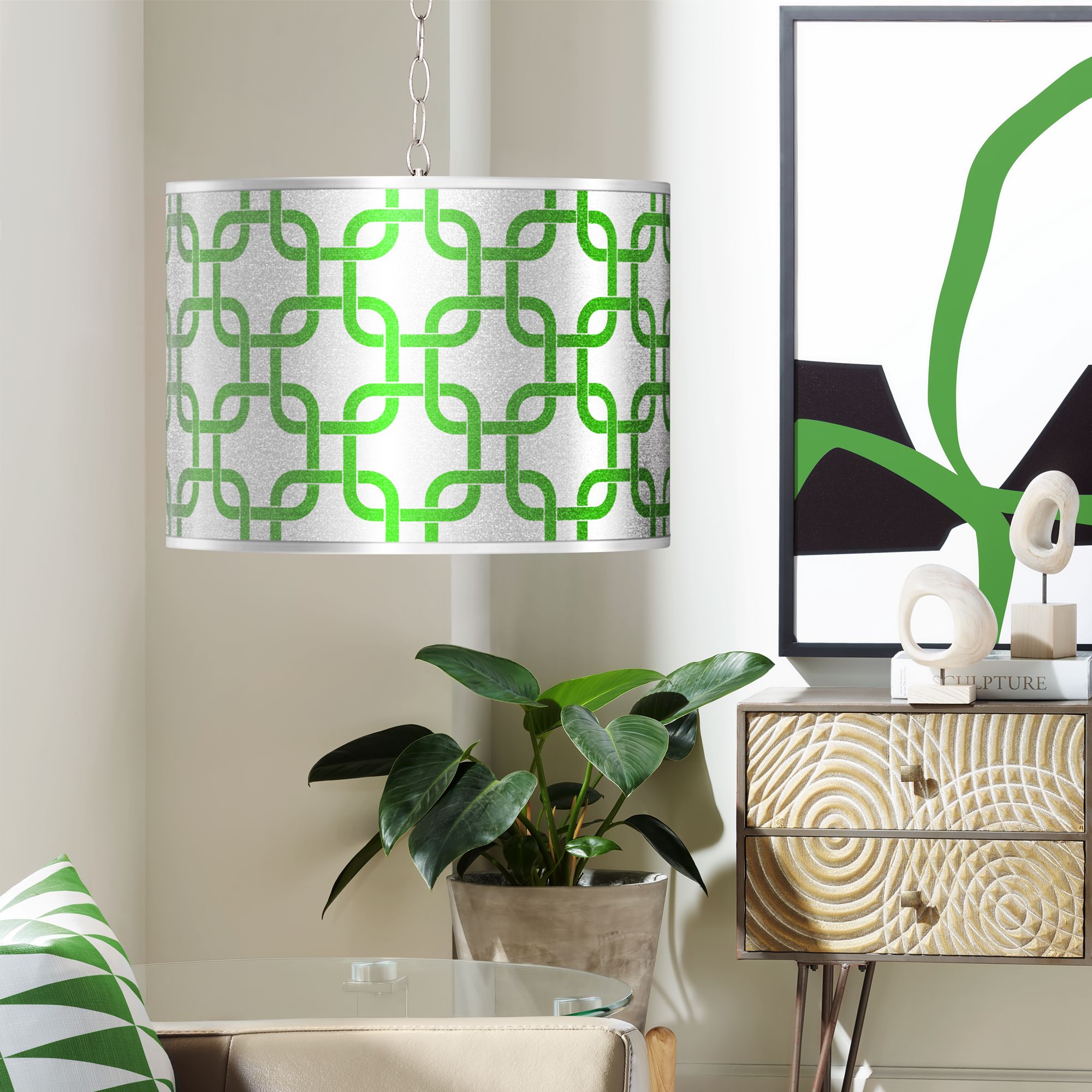 Swag Style Lattice Silver Metallic II Shade Plug-In Chandelier