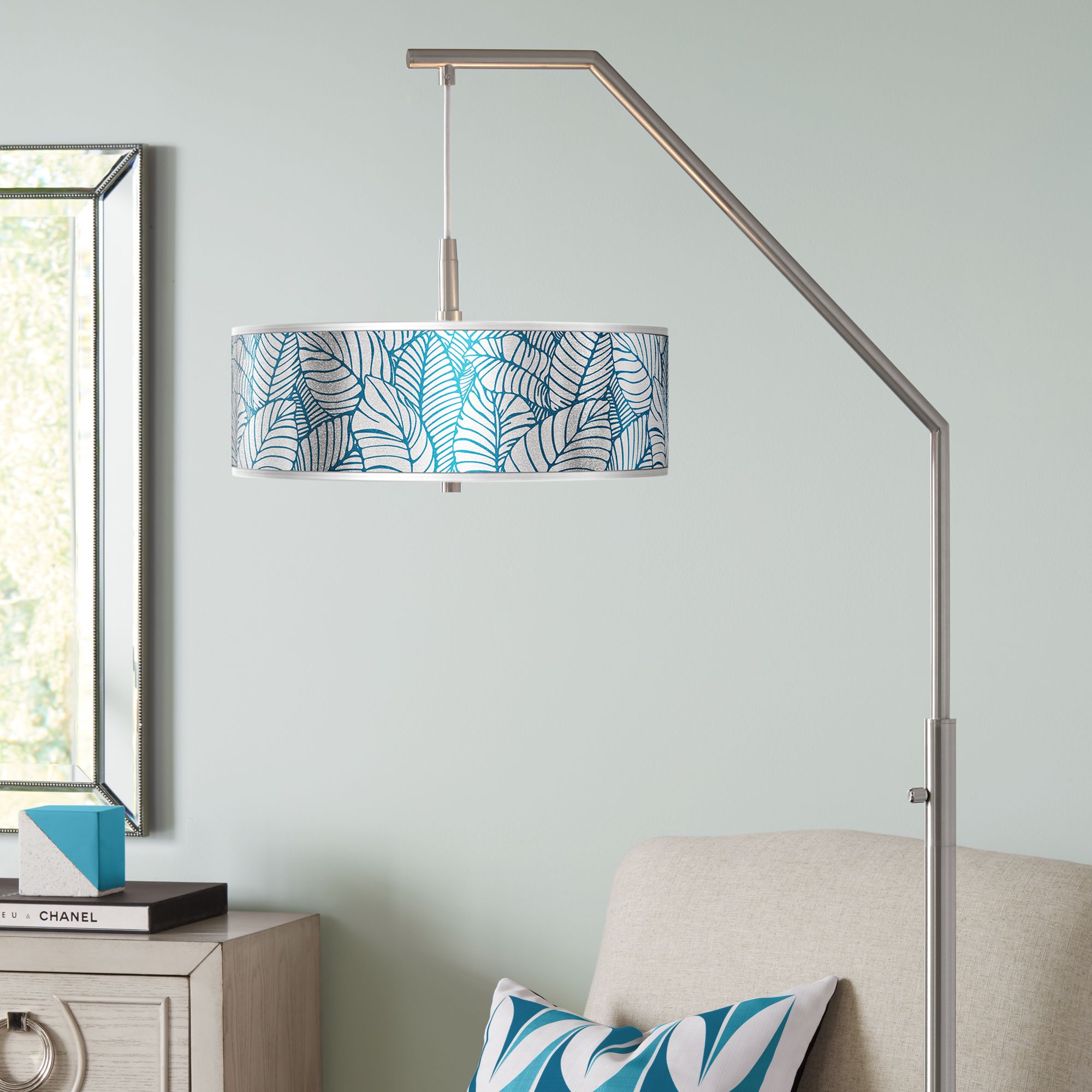 Tropical Leaves Silver Metallic Giclee Shade Arc Floor Lamp