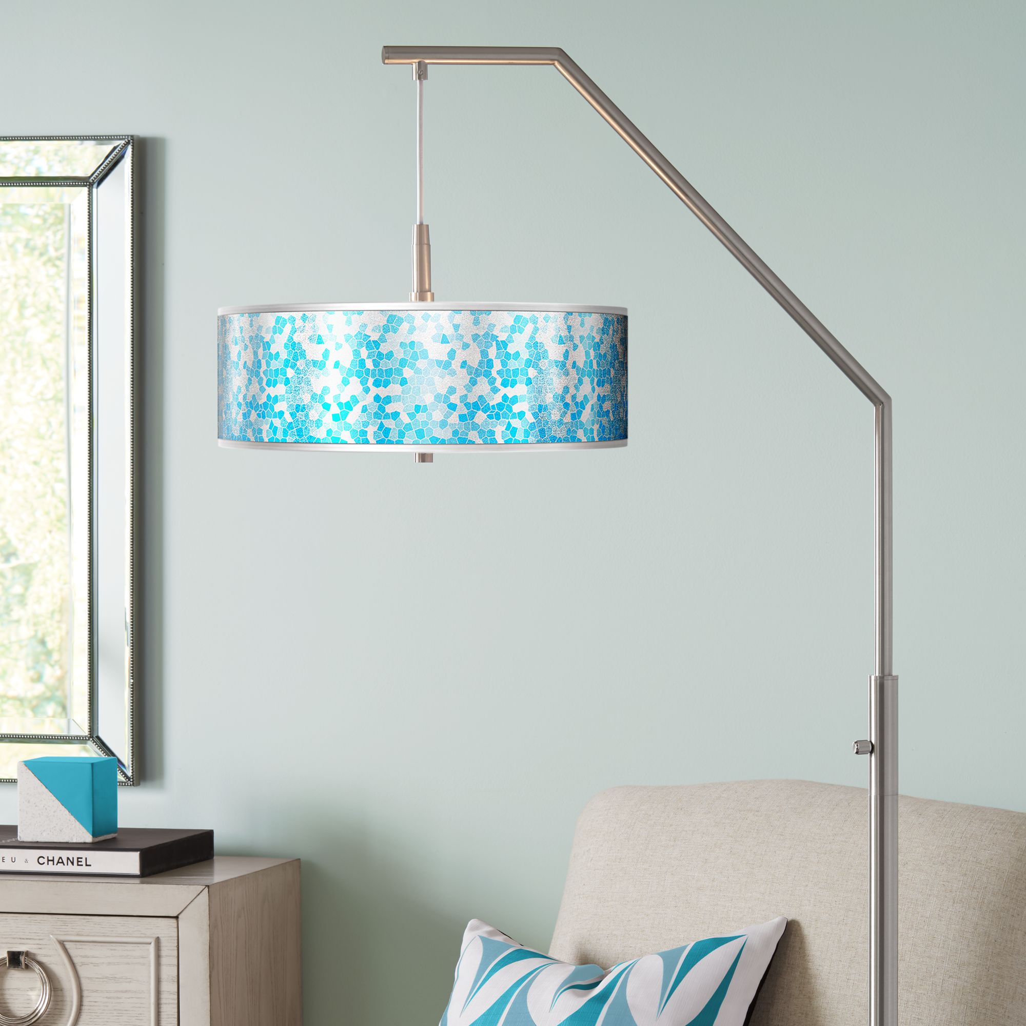 Mosaic Silver Metallic Giclee Shade Arc Floor Lamp