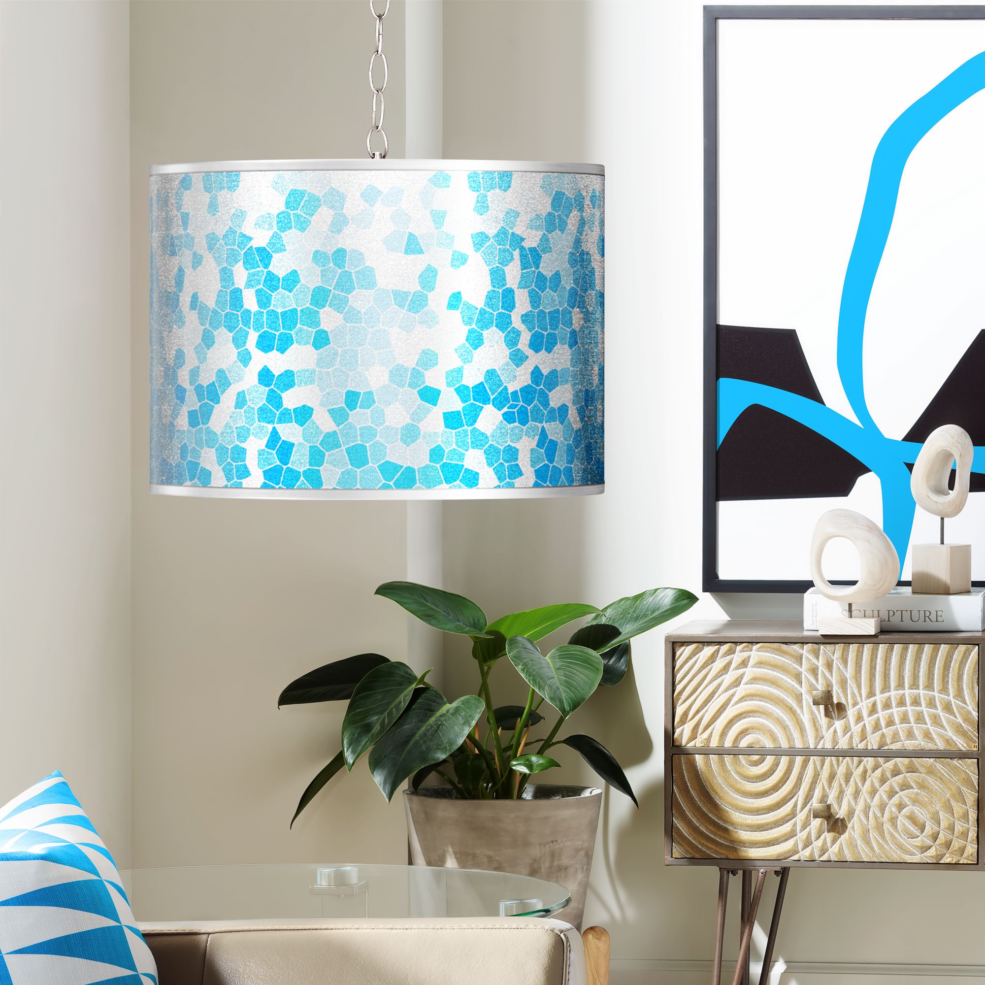 Swag Style Mosaic Silver Metallic Giclee Shade Plug-In Chandelier