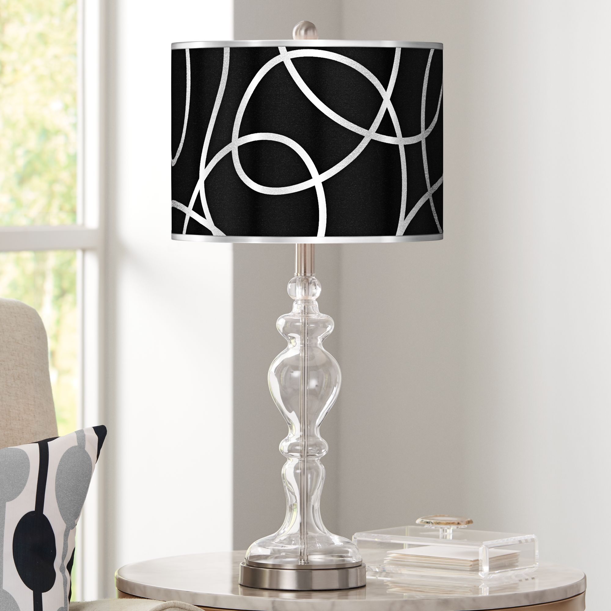 Abstract Silver Metallic Giclee Apothecary Clear Glass Table Lamp