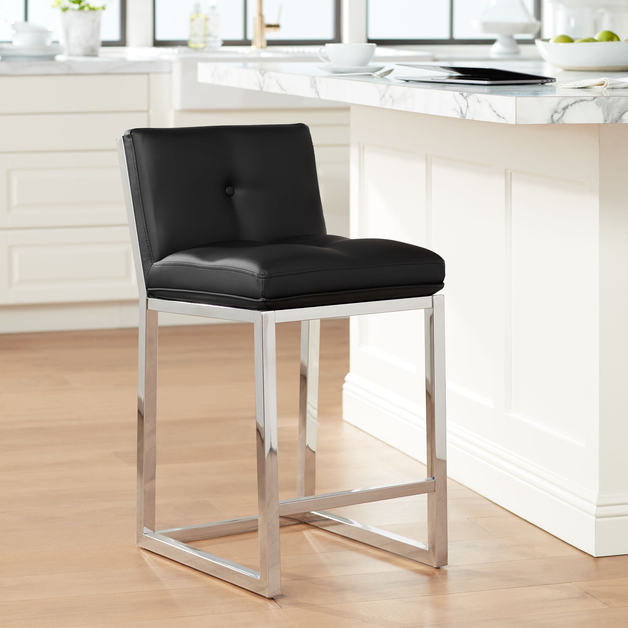 Alba 26" Black Faux Leather Tufted Counter Stool