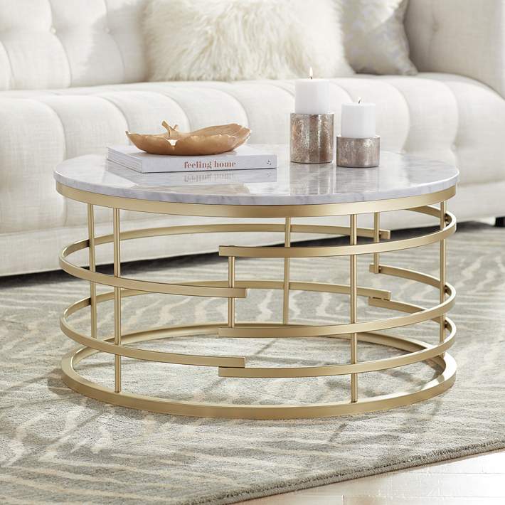Brassica 34 Wide Faux Marble And Gold, Mid Century Modern Coffee Table White Faux Marble Gold