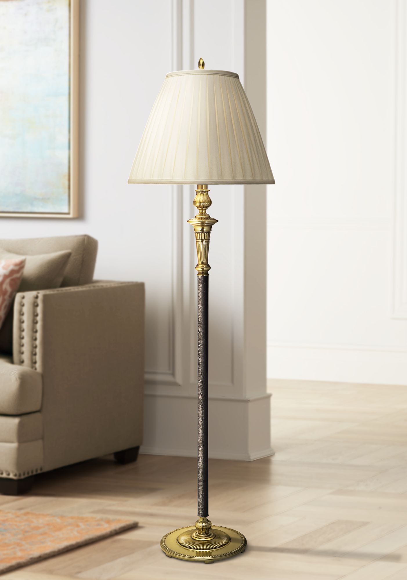 Stiffel Camille Burnished Brass and Faux Black Leather Floor Lamp