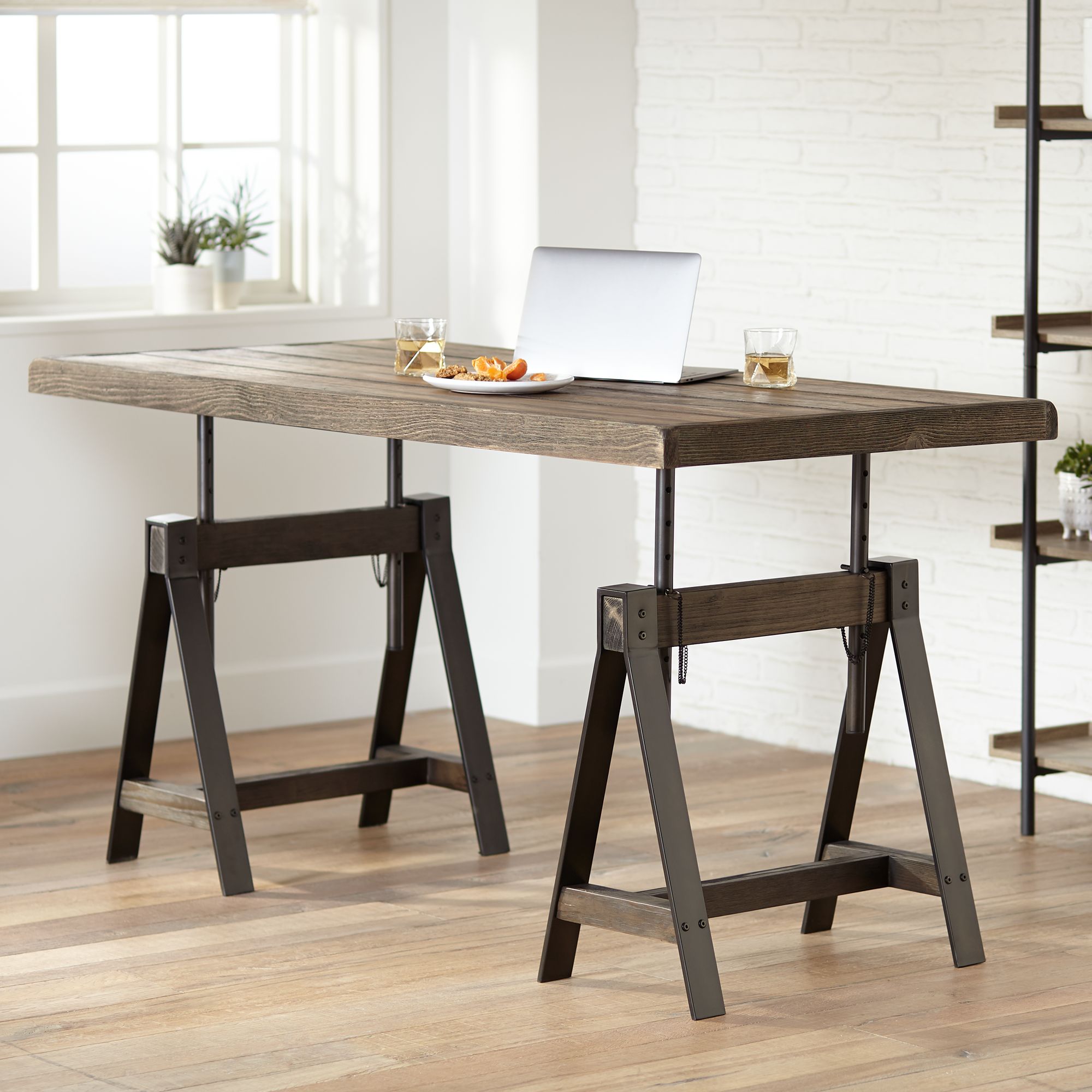 Camden 63" Wide Distressed Brown Wood Adjustable Table