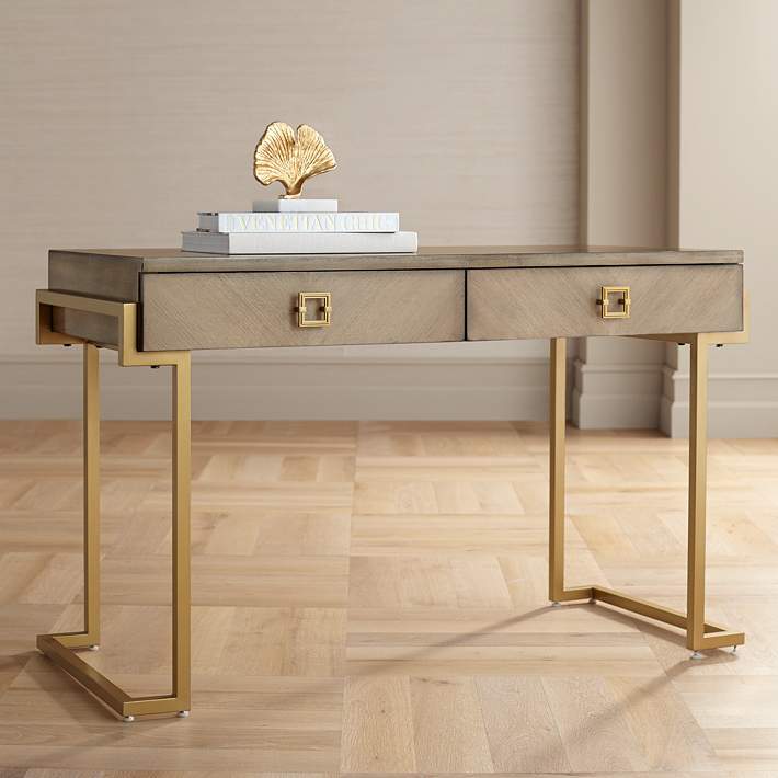 Wheaton 49 1 2 Wide Gold And Wood Glam Modern Writing Desk